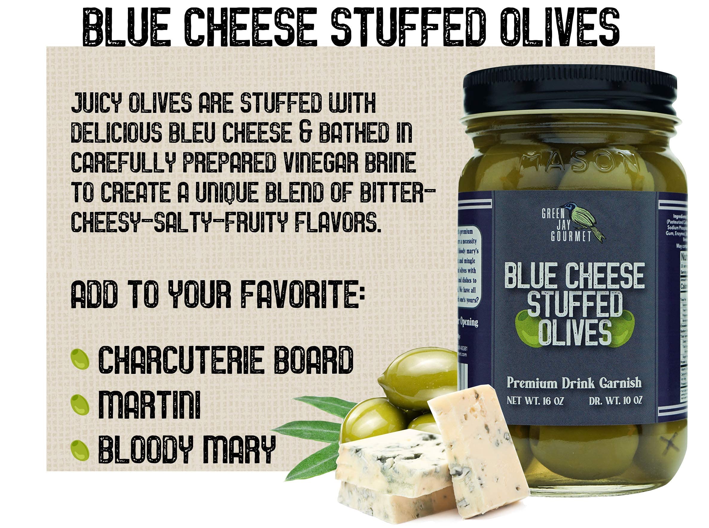 Premium Gourmet Blue Cheese Stuffed Green Olives – All Natural Large Stuffed Olives for Dirty Martinis, Cocktail Garnish & Cheese Boards – 2 x 16oz Jars – Perfect for Parties, Charcuterie & Upscale Entertaining