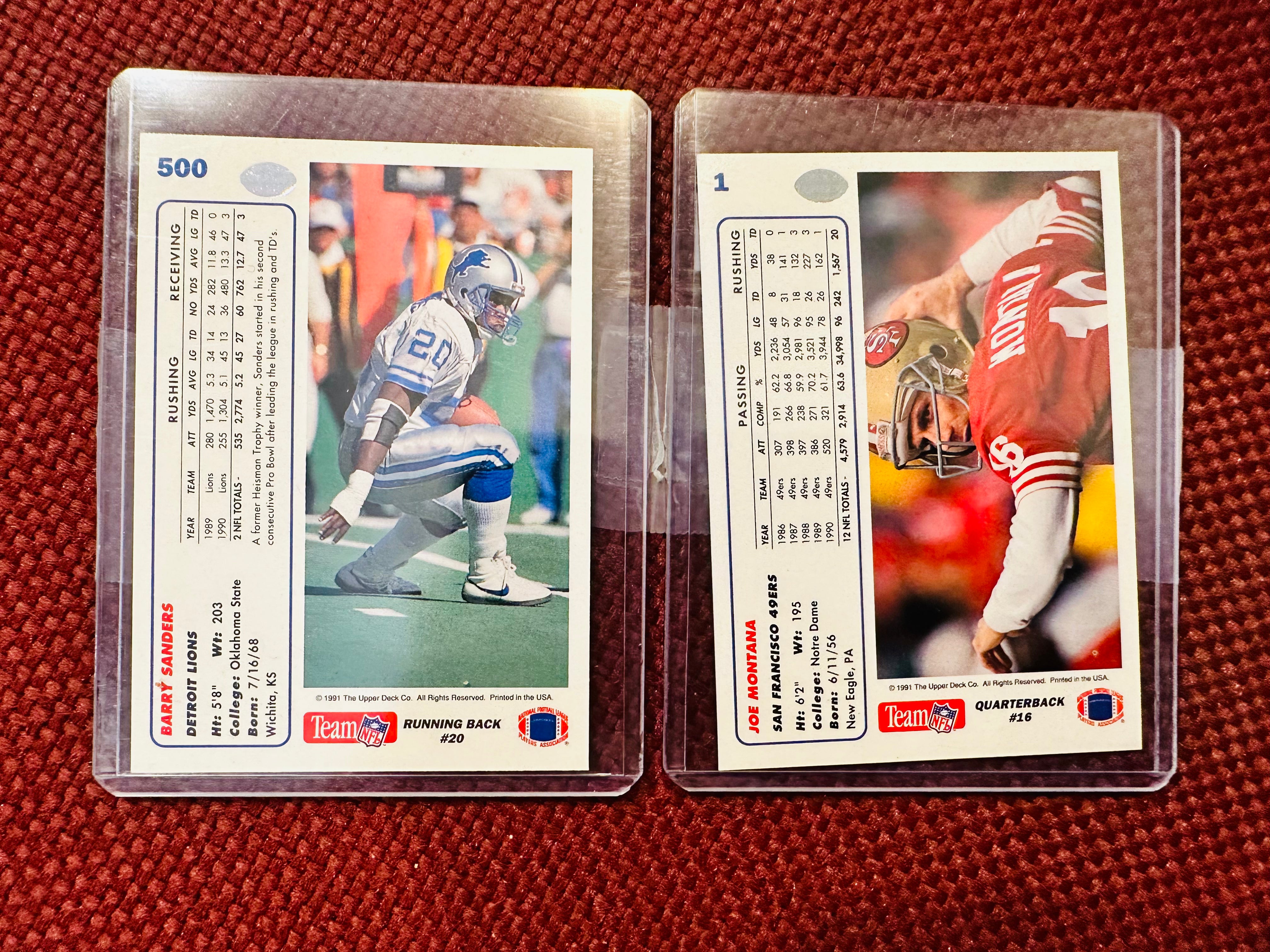 Rare 1990-91 Upper Deck Joe Montana & Barry Sanders Promo Football Cards - Collectible NFL Memorabilia for Fans & Sports Card Enthusiasts