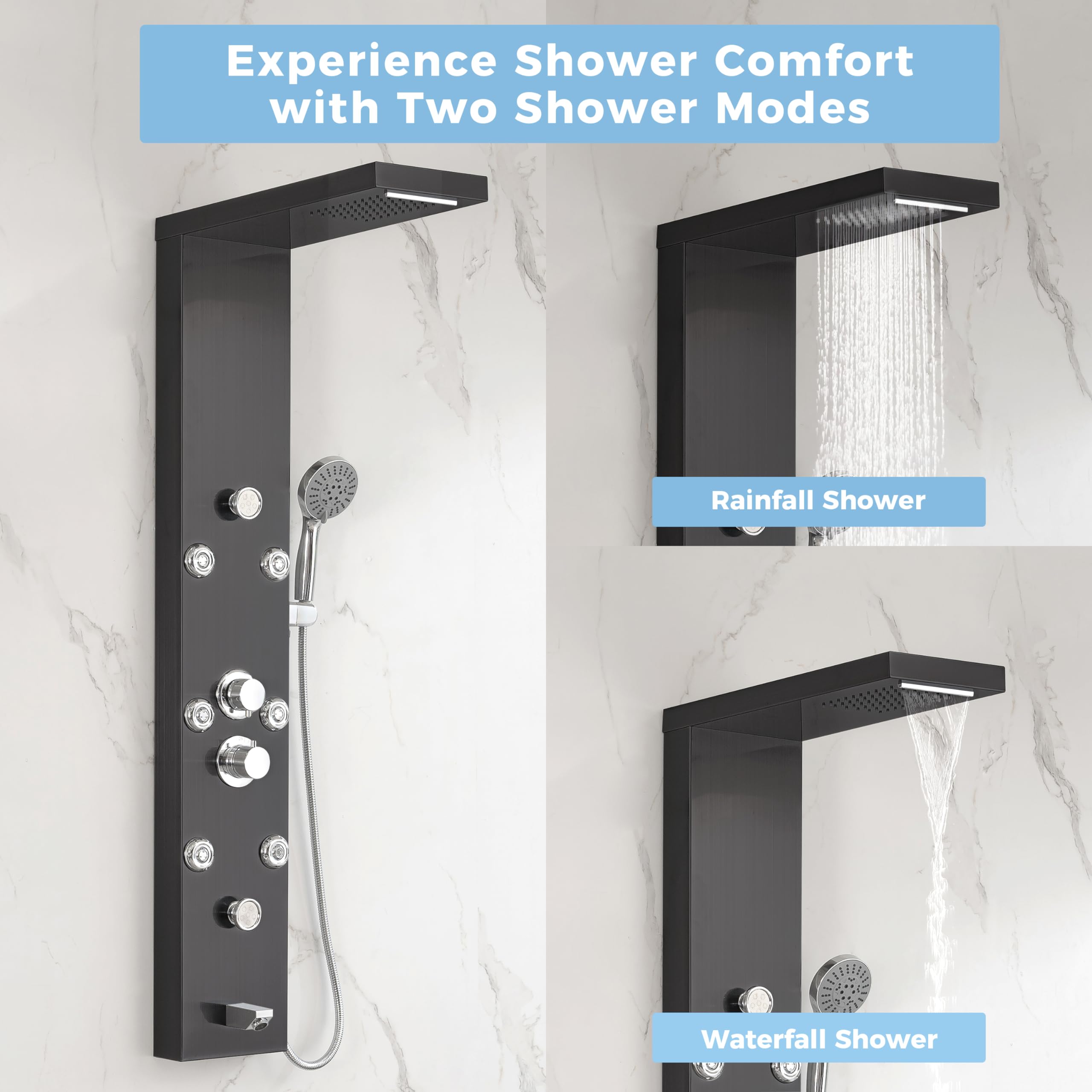DELAVIN Stainless Steel Shower Panel Tower System - 5-Function Full Body Shower with Rainfall, Waterfall, Massage Jets, Tub Spout & Handheld Showerhead in Brushed Black | Perfect for Luxury Bathroom Renovation, Spa-Like Experience & Modern Home Upgrades