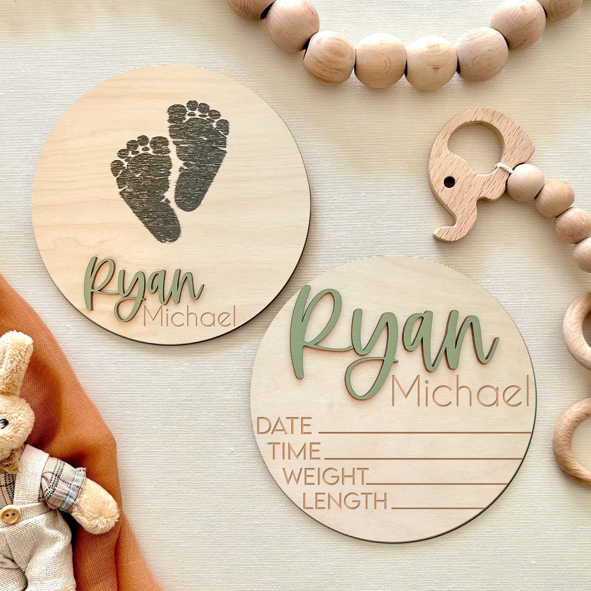 NAZENTI Custom Wooden Baby Name Announcement Sign - Personalized Birth & Footprint Keepsake for Newborn - Hospital Welcome Decor for Baby Arrival (Design 14) | Nursery Wall Art, Christening Gift, Baby Shower Decoration