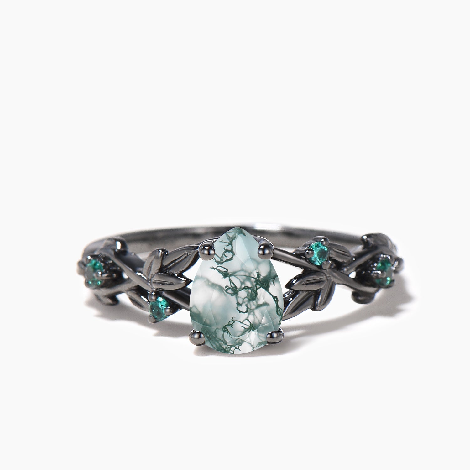 Teardrop Cut Moss Agate Twisted Leaf Nature Inspired Black Gold Engagement Ring - Elegant Wedding Jewelry for Brides & Nature Lovers