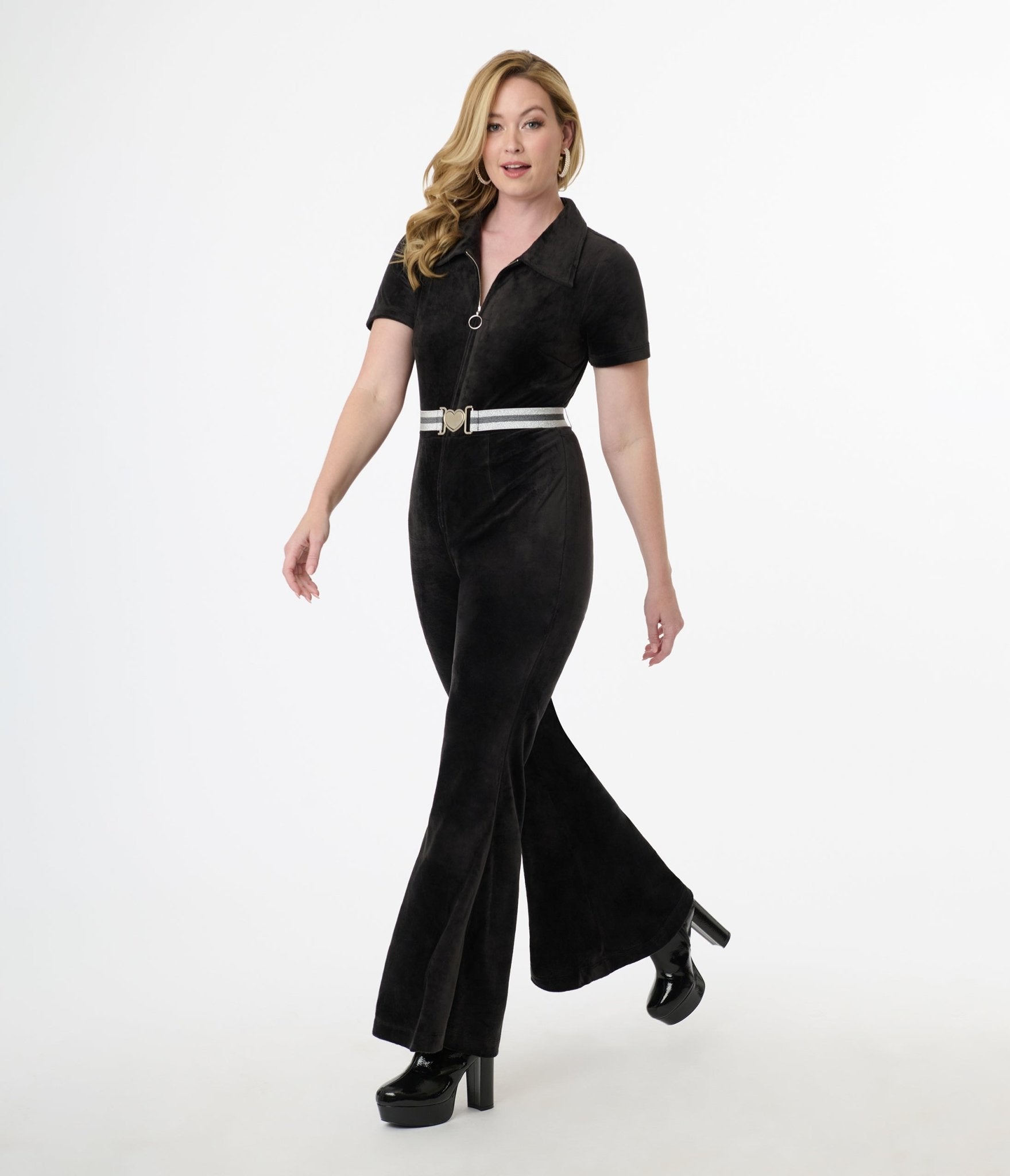Vintage 1960s Black Belted Flare Jumpsuit by Smak Parlour - Retro High Waisted Wide Leg Romper for Women, Perfect for Halloween Costume, Themed Parties & 60s Fashion Events