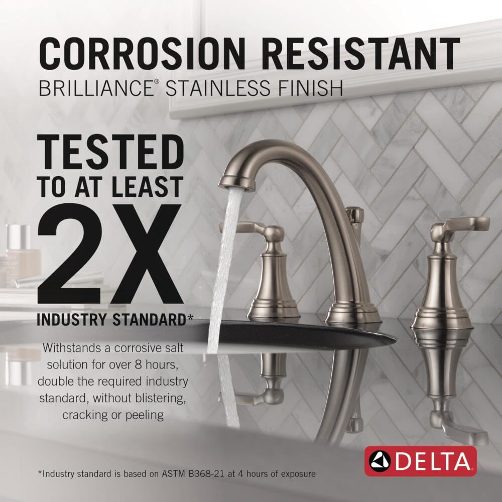 Delta Woodhurst Widespread Bathroom Faucet - Brushed Nickel Finish, 3-Hole Mount Bathroom Sink Faucet with Metal Drain Assembly (Model 3532LF-SS) - Perfect for Modern Bathroom Renovations and Luxury Home Upgrades