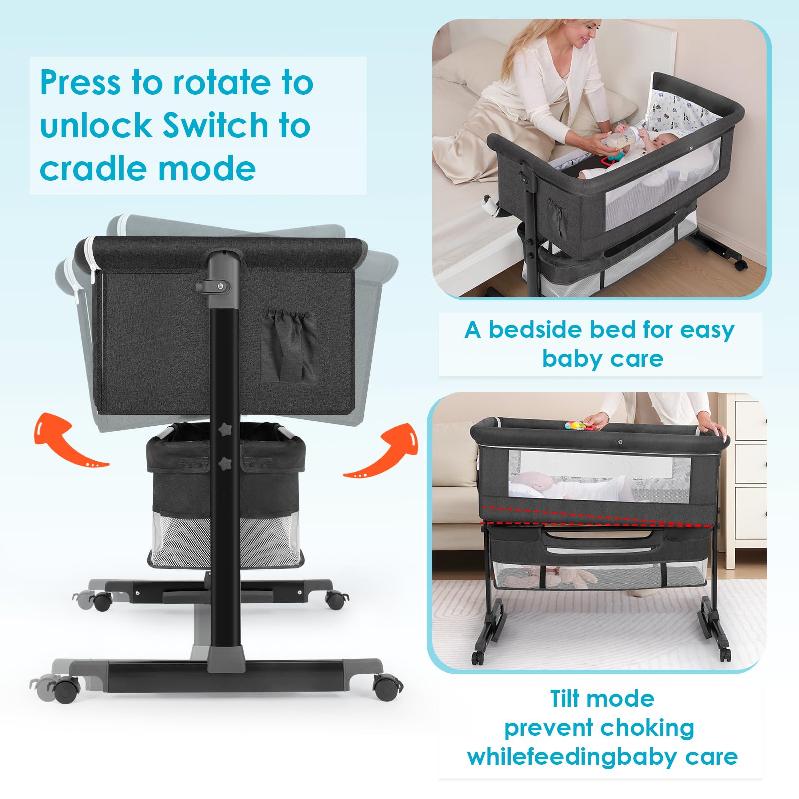 Portable Baby Bassinet Bedside Sleeper - Foldable Crib for Newborns & Infants | Dark Gray Nursery Essential for Girls & Boys | Perfect for Bedroom, Nursery & Travel (2024 New Style)