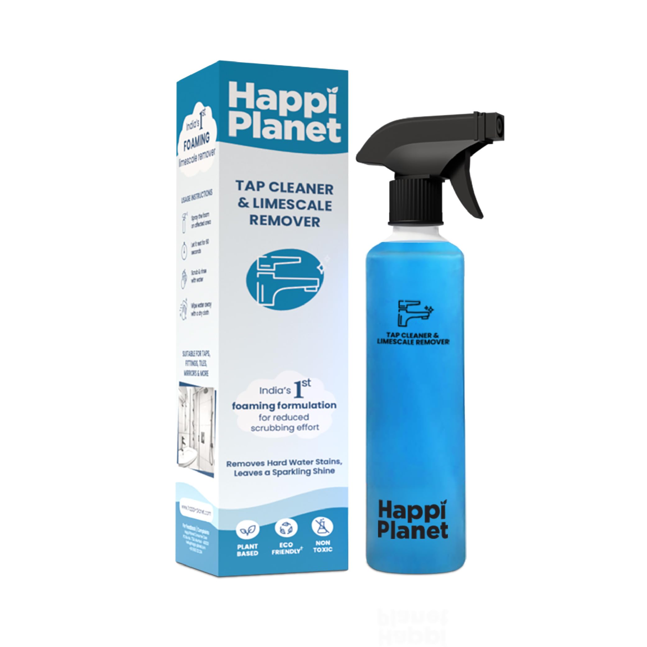 Happi Planet Foaming Tap Cleaner & Limescale Remover - Non-Toxic Bathroom Cleaner (500ml) for Taps, Showers, Tiles & Mirrors | Effortless Scrubbing with India's 1st Foam Formula | Perfect for Stain Removal & Daily Bathroom Maintenance