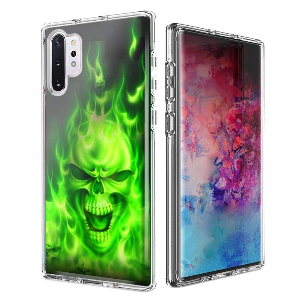 Samsung Galaxy Note 10 Plus Phone Case - Green Flaming Skull Design Double Layer Protective Cover | Shockproof & Durable for Daily Use, Work & Outdoor Activities