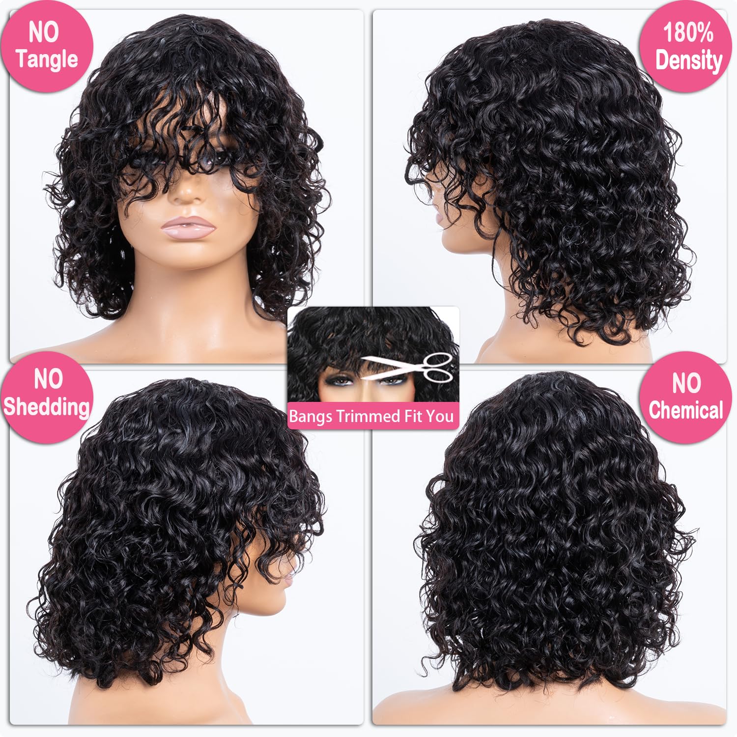 100% Brazilian Virgin Human Hair Wig - Glueless Short Water Wave Bob with Bangs for Black Women | 180% Density No Lace Wavy Bang | 12 Inch Natural Black | Perfect for Daily Wear, Cosplay & Protective Styling