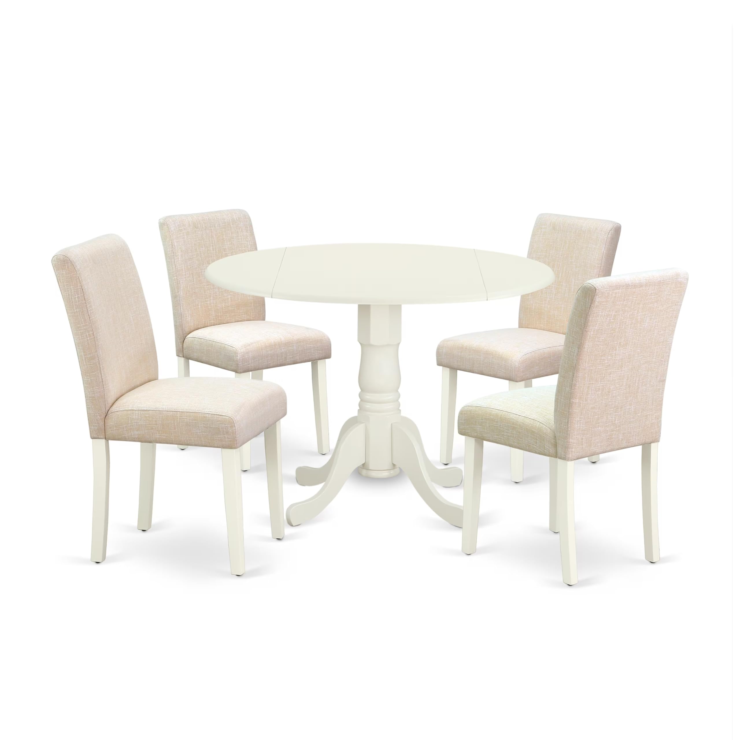 East West Furniture 5-Piece Round Dining Table Set with Drop Leaf & 4 Light Beige Linen Chairs, 42x42 Inch, Linen White - Perfect for Small Spaces, Breakfast Nooks & Cozy Kitchen Dining Areas