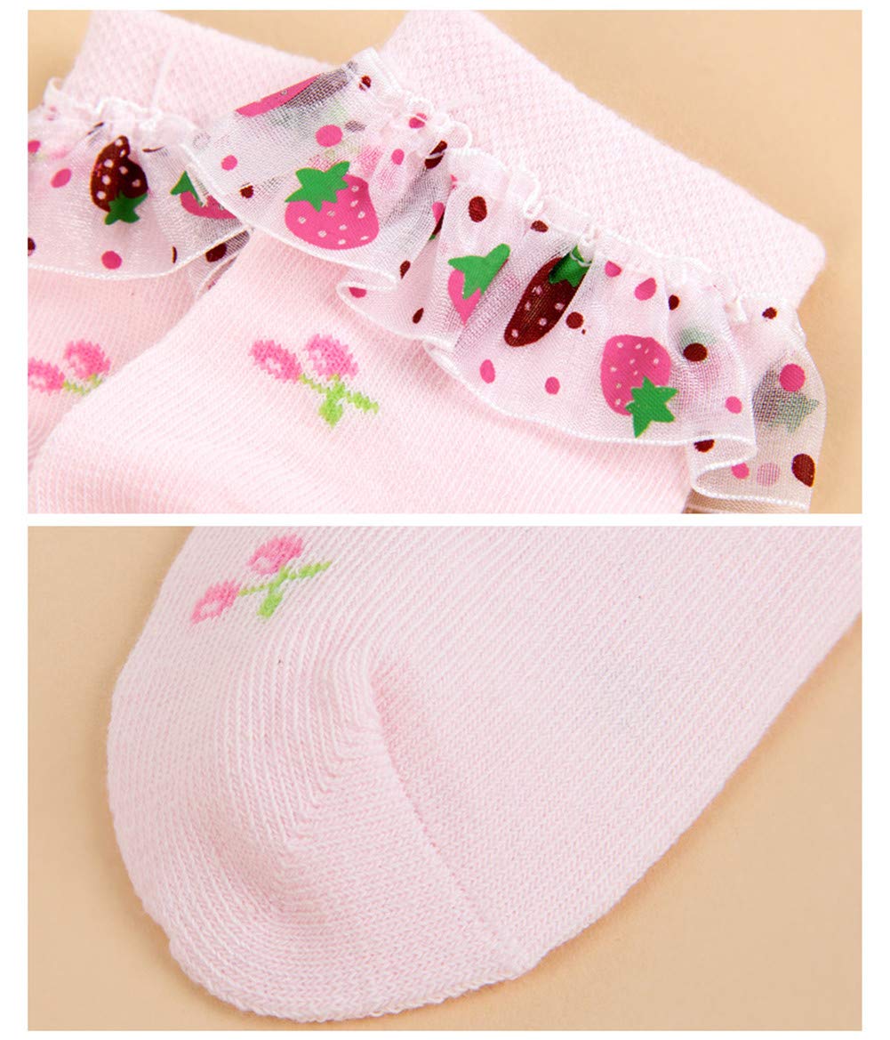 Cute Toddler Girl Ankle Socks - Lace Eyelet Frilly Socks with Ruffles & Bow Knots - Strawberry Print 2-Pack - Perfect for Dress Up, Parties & Everyday Wear