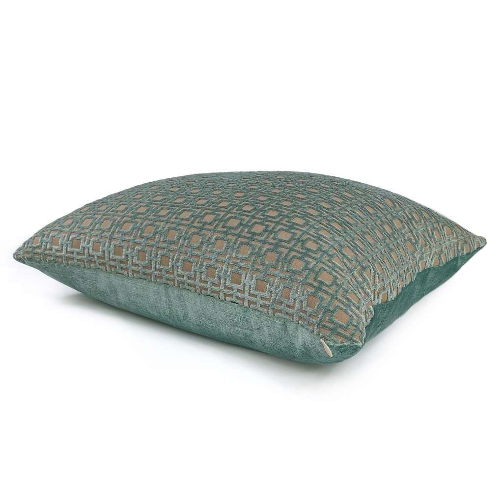 Quattro Mineral Blue Green Geometric Square Lattice Cut Velvet Pillow Cover - Luxury Decorative Throw Pillow Case for Sofa, Bed & Home Decor