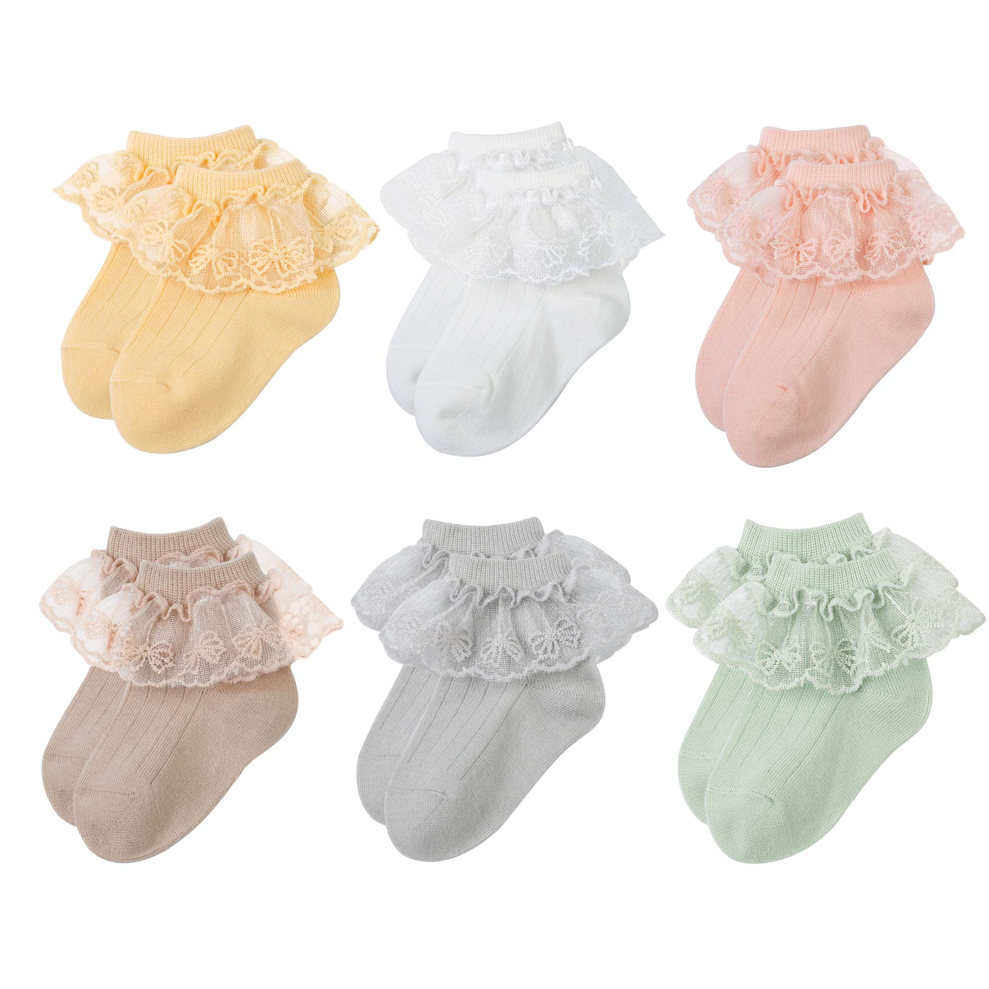 6 Pairs Baby Girls Socks - Newborn Ruffle Lace Cotton Socks for Princess - Soft Knit Frilly Socks for Infants & Toddlers - Perfect for Special Occasions, Photo Shoots & Everyday Wear