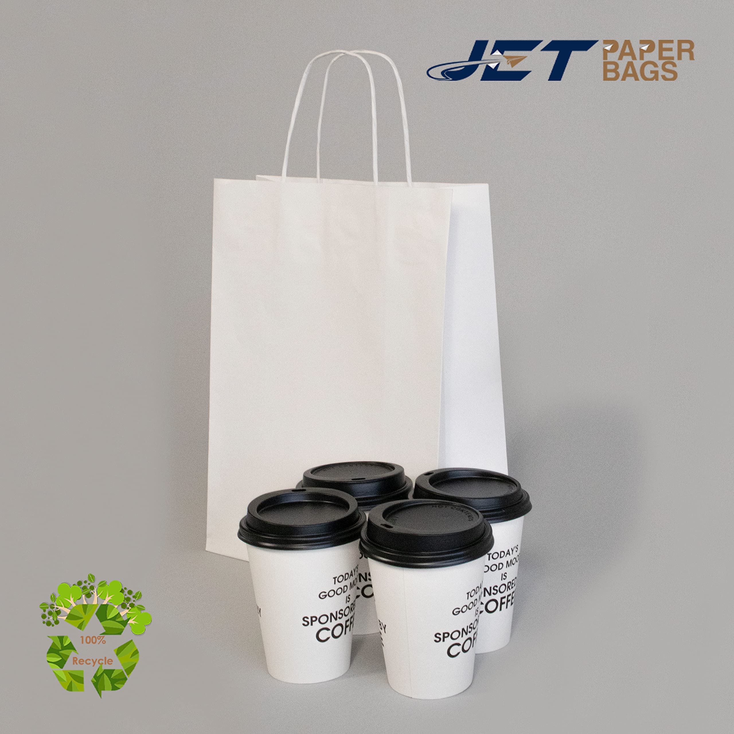 JET PAPER BAGS 13x7x17 Inches (250 Count) - White Kraft Paper Bags with Twisted Handles for Retail, Grocery, Party Favors & Gift Packaging | Eco-Friendly Recyclable Shopping Bags for Takeout, Wedding Favors & Craft Projects