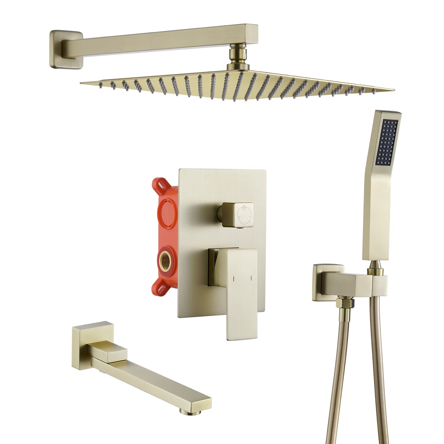 Premium Wall Mounted Shower System with Rainfall Showerhead - Complete Luxury Shower Set with Faucet Handle, Handheld Spray & Tub Spout - Brushed Gold Finish for Modern Bathroom | Perfect for Spa-Like Experience & Daily Relaxation