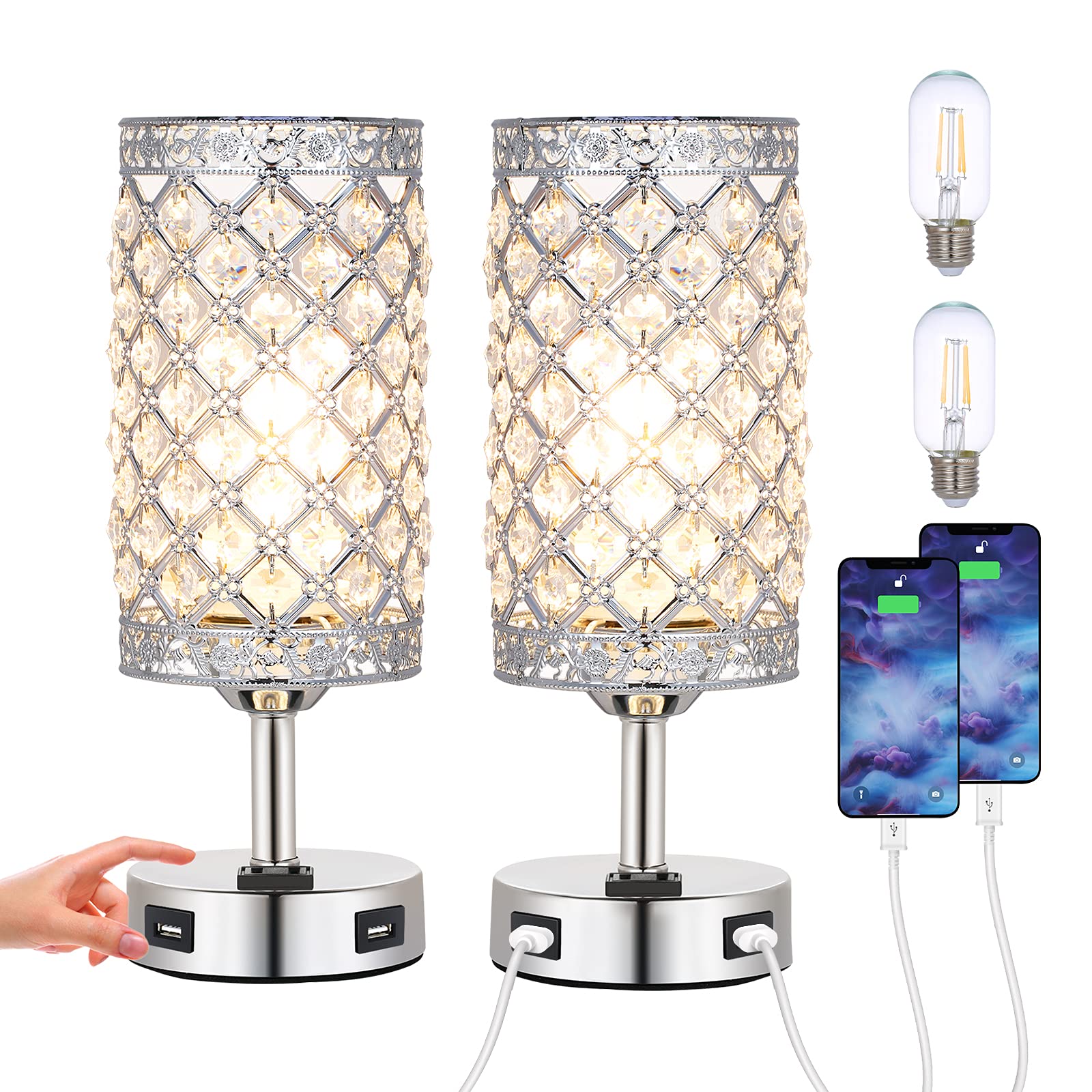 Touch Control Crystal Table Lamp Set of 2 - Modern USB Bedside Lamps with 3-Way Dimmable Lighting & 2 Charging Ports, K9 Glass Desk Lamp for Bedroom, Living Room, Office (Bulbs Included) | Perfect for Night Reading, Home Decor & Gift Giving