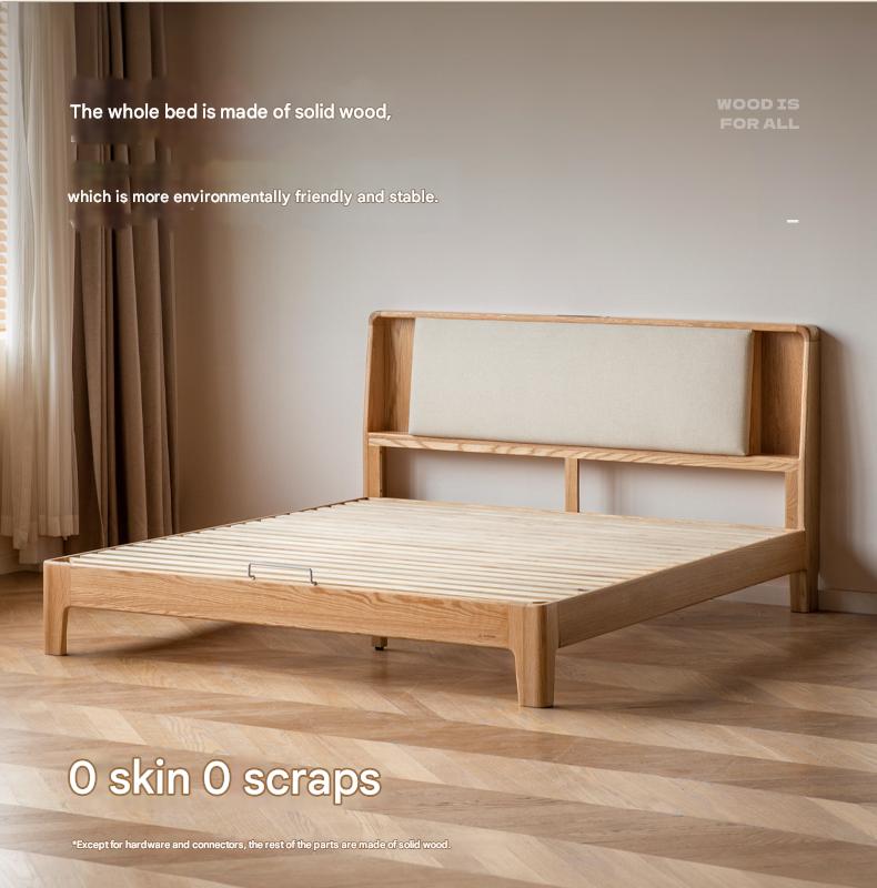 Solid Oak Wood Leather & Fabric Luminous Bed with Shelf - Modern Platform Bed Frame with Storage for Bedroom, Guest Room, or Dorm