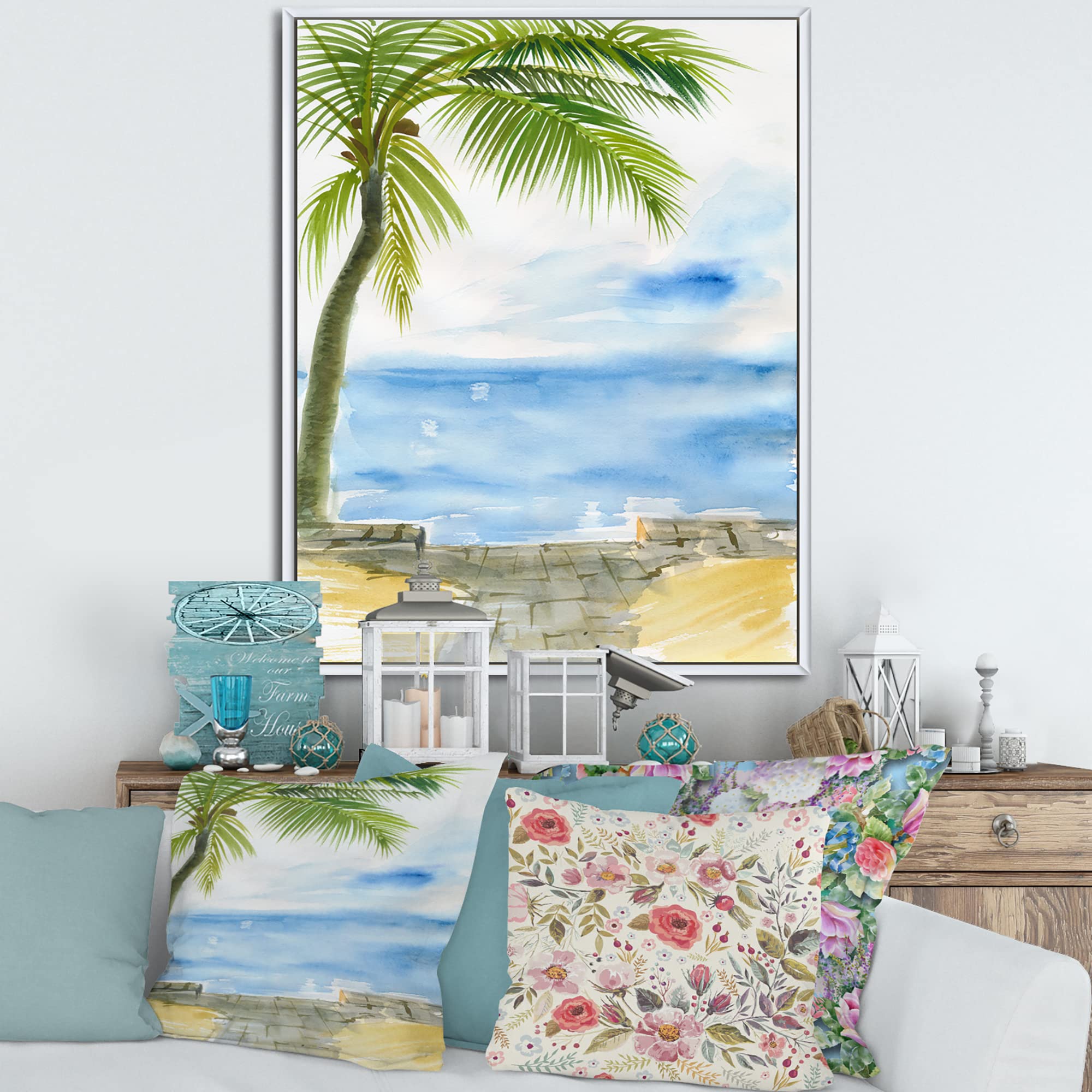 DesignQ Palm Beach Resort At Dawn II - Nautical & Coastal Framed Canvas Wall Art Print - Beach House Decor, Ocean Themed Living Room Wall Decor, Coastal Bedroom Artwork
