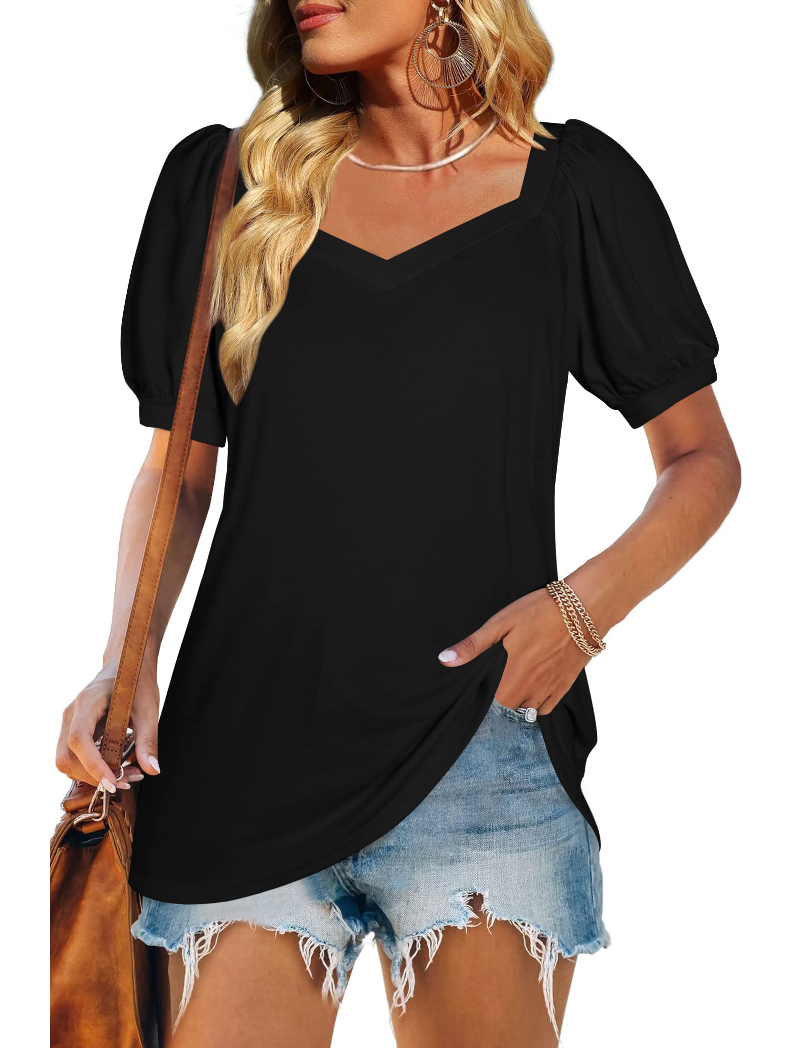 MYHALF Women's Casual Sweetheart Neckline Puff Sleeve Tops - Loose Fit Summer T-Shirts for Women | Perfect for Beach Outings, Date Nights & Everyday Wear
