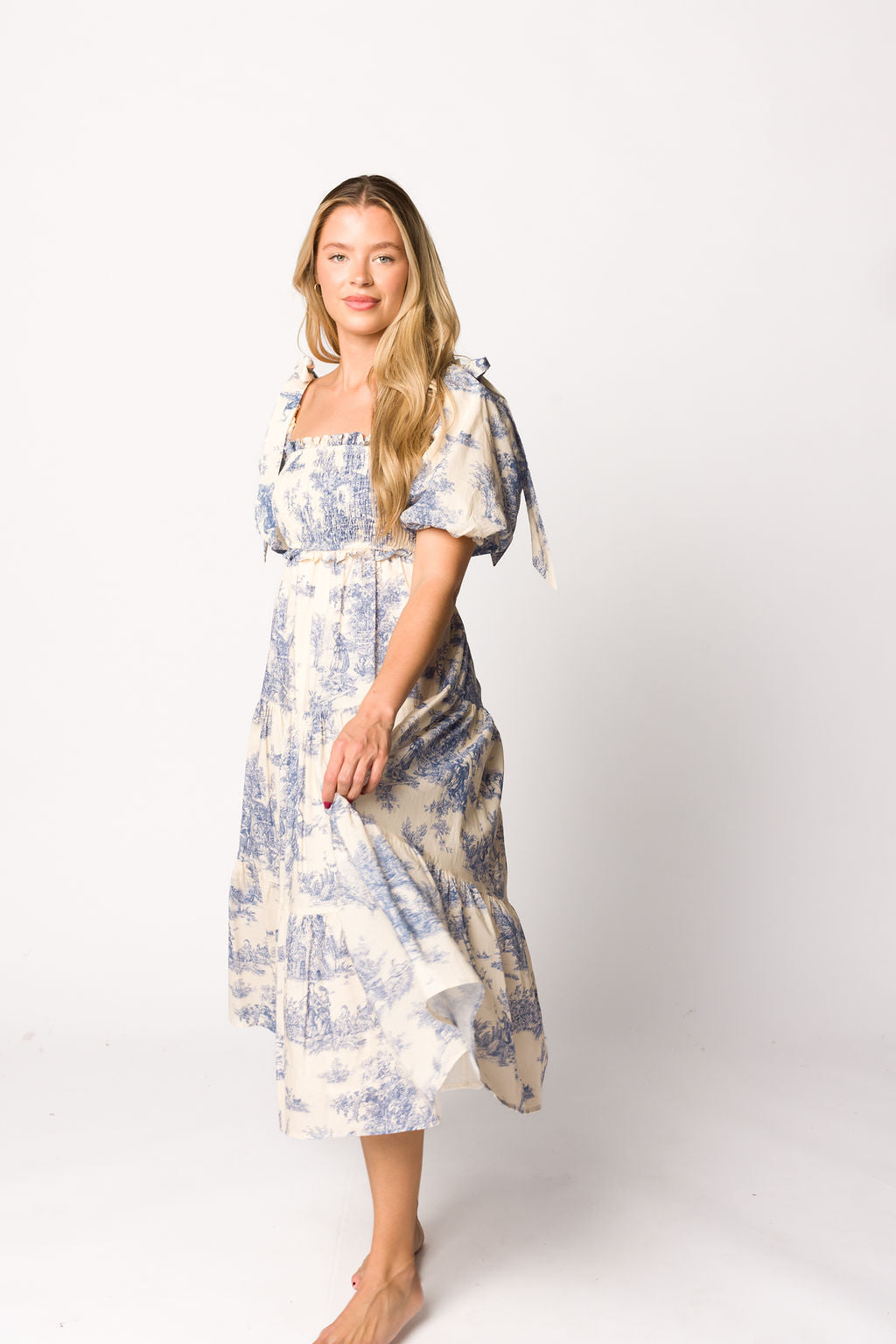 Elena 100% Cotton Toile Print Smocked Midi Dress in Blue - Bump Friendly Maternity Dress for Pregnancy, Nursing & Special Occasions | Perfect for Baby Showers, Brunch Dates & Summer Outings