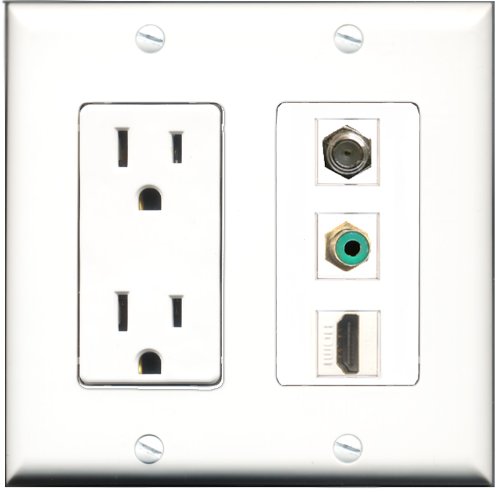 RiteAV 15 Amp Power Outlet with HDMI, RCA & Coax Ports - Decorative Wall Plate for Home Theater & AV System Setup