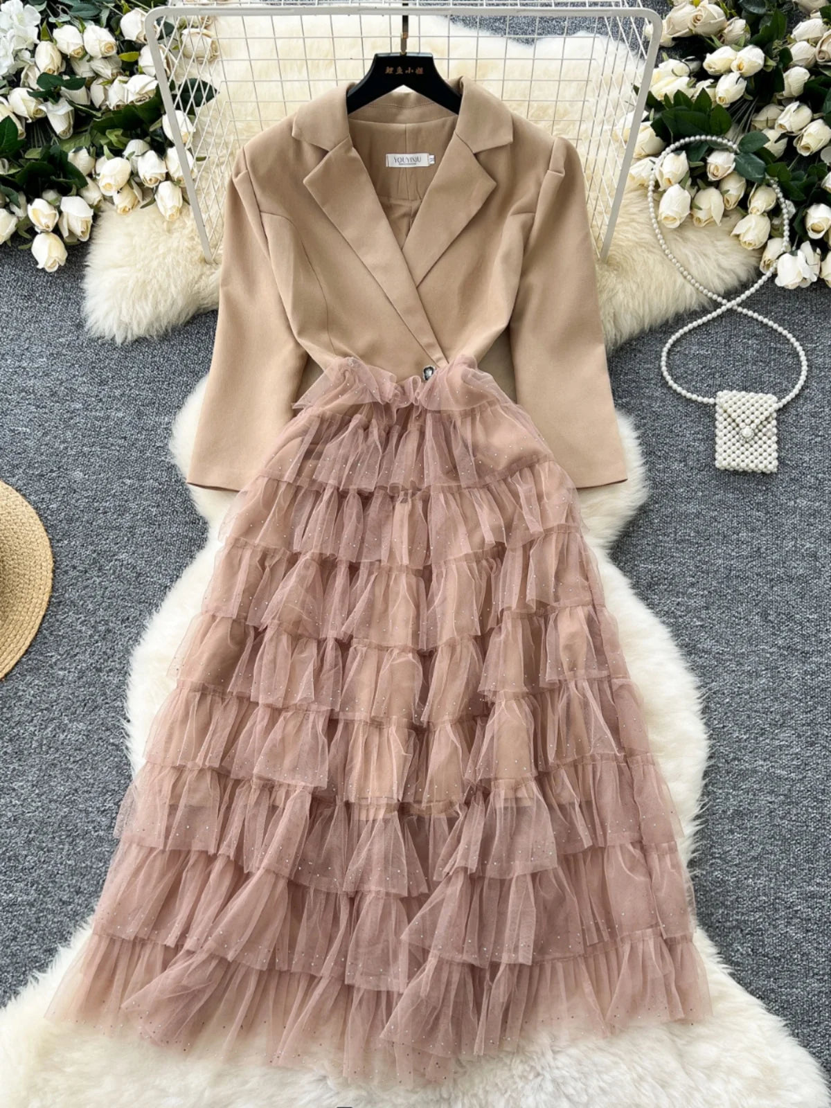 2024 Autumn Black Mesh Patchwork Sequin Elegant Long Sleeve Slim Dress for Women | Korean Style High Waist Cake Dress in Khaki | Perfect for Parties, Weddings & Evening Events