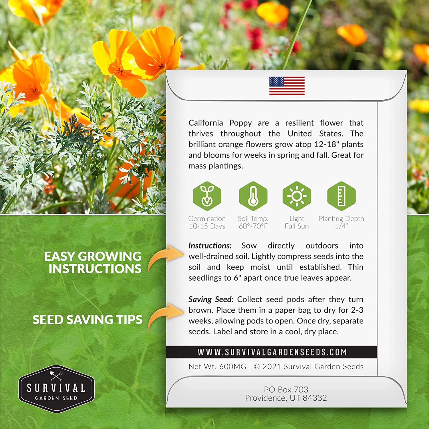California Poppy Seeds - Organic, Non-GMO, Heirloom Variety for Planting & Gardening - Perfect for Wildflower Gardens, Landscaping & Pollinator-Friendly Yards