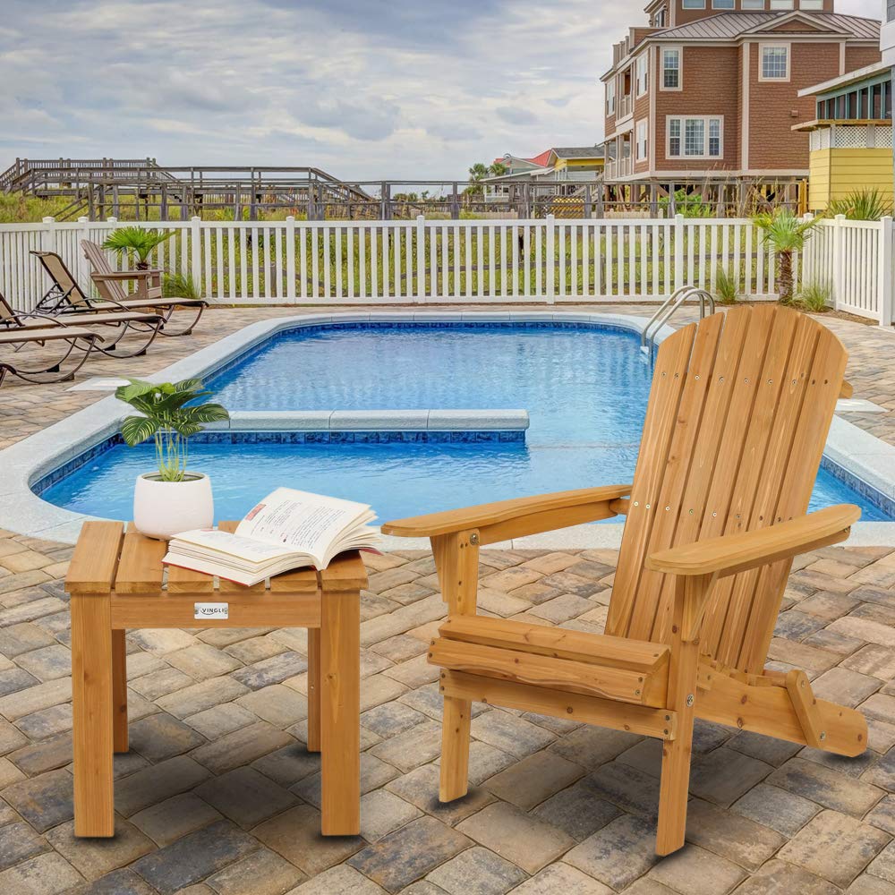 VINGLI 2-Piece Folding Wooden Adirondack Chair Set with Table - Ergonomic Outdoor Patio Furniture for Fire Pit, Beach, Balcony & Backyard - Natural Finish Comfortable Lawn Chairs for Relaxing in Garden, Poolside or Deck