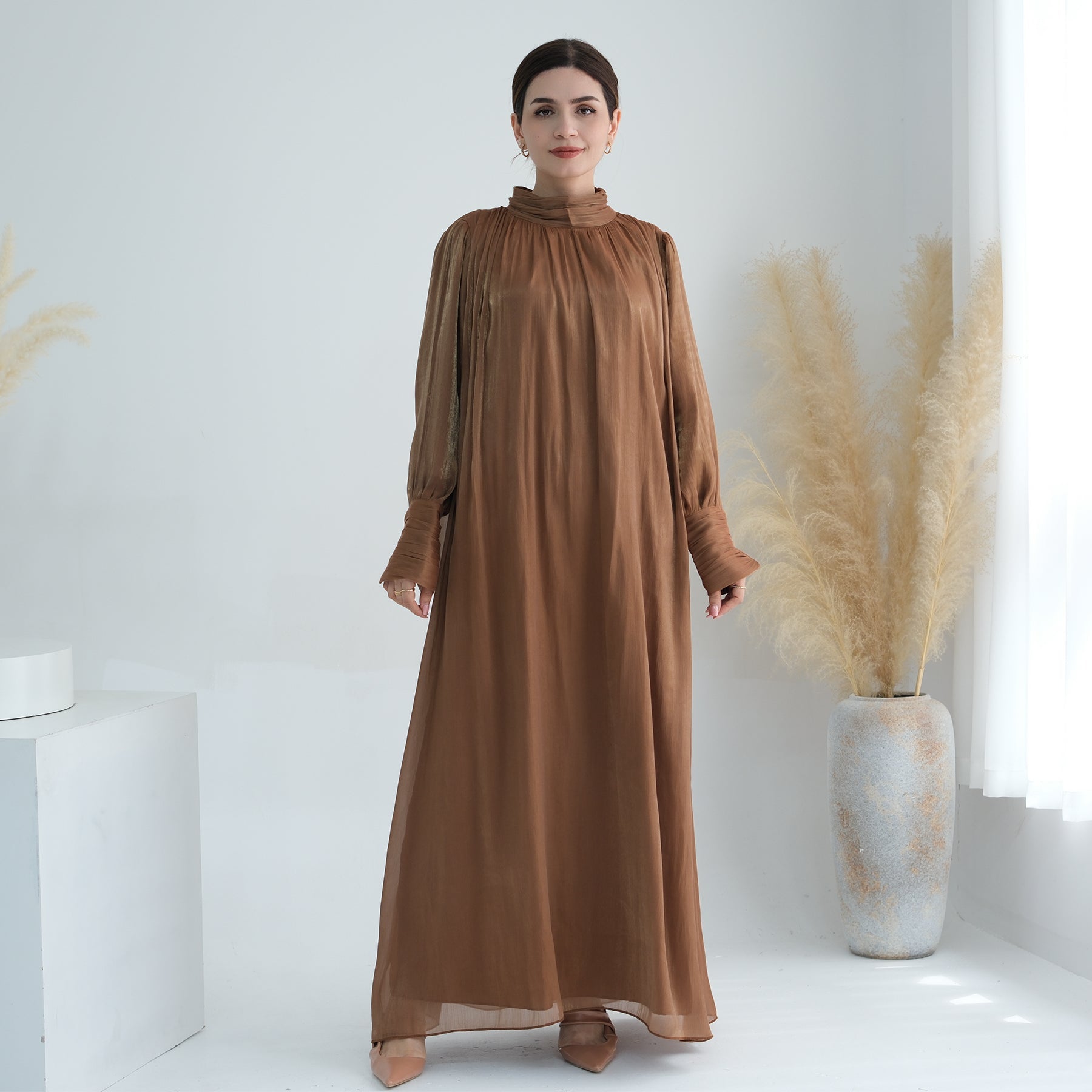 Indira Sparkles Long Sleeve Maxi Dress for Women - Elegant Boho Flowy Evening Gown in Brown | Perfect for Weddings, Parties & Special Occasions
