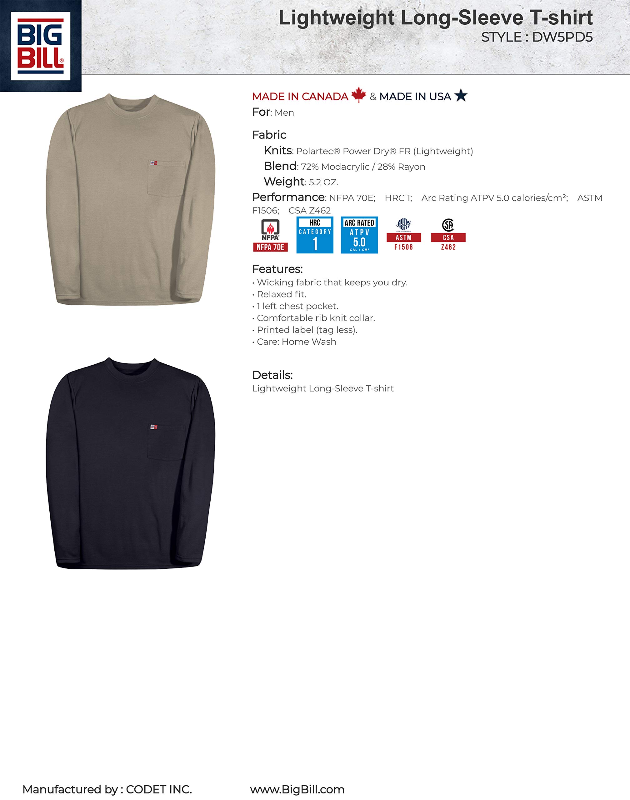Flame Resistant Men's Long Sleeve T-Shirt - Lightweight FR Work Shirt for Construction, Welding & Industrial Safety (DW5PD5) | Big Bill