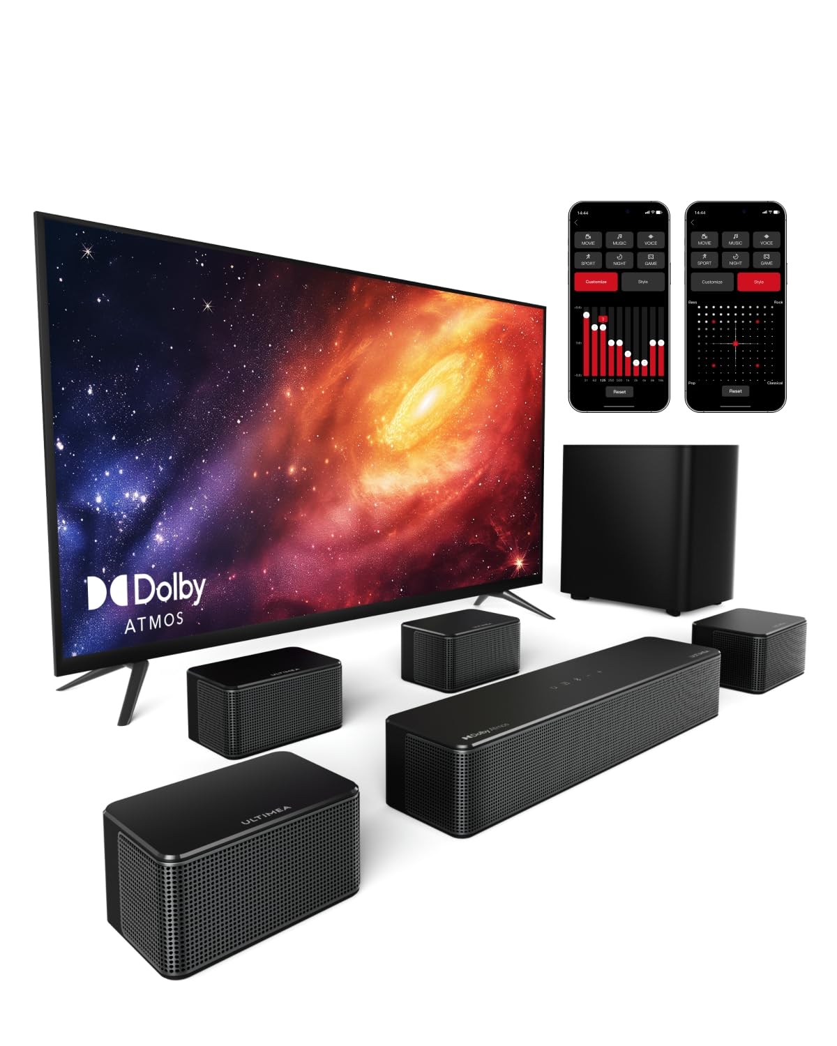 ULTIMEA 7.1 Channel Soundbar with Dolby Atmos, 460W Wireless Subwoofer, Bluetooth 5.3, App Control & 4 Wired Surround Speakers - Perfect for Home Theater, Movie Nights & Gaming (Poseidon D80 Model)