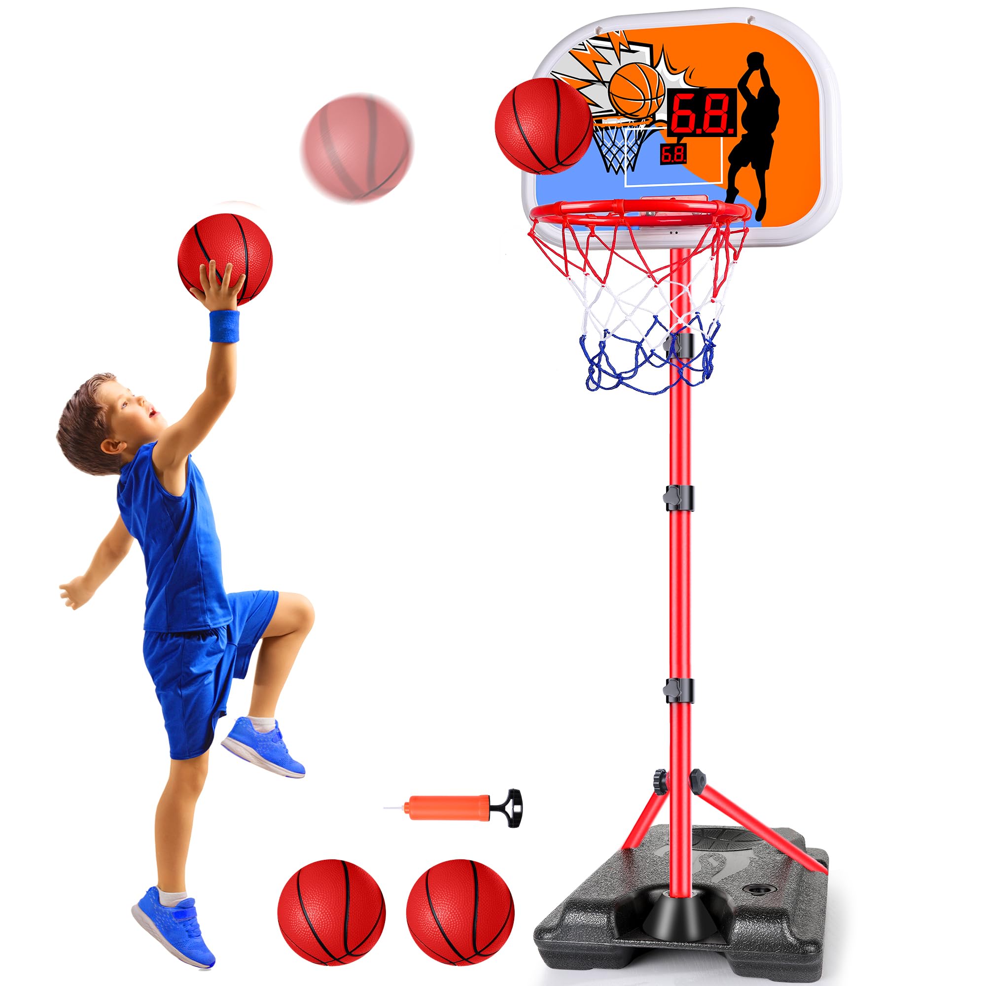 Adjustable Height Kids Basketball Hoop with Electronic Scoreboard (3.4ft-5.9ft) - Indoor/Outdoor Basketball Goal for Toddlers & Children Ages 3-8 - Perfect for Backyard, Playroom & Birthday Gifts for Boys & Girls