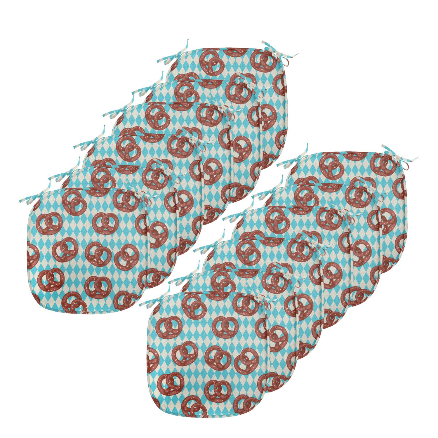 Lunarable Oktoberfest Chair Cushion Set of 12 - Diamond Pattern Pretzel Design German Country Snack Theme - Non-Slip Kitchen & Patio Seat Pads 16x16 Inches in Sky Blue Ivory Redwood - Perfect for Beer Festivals, Outdoor Dining & Bavarian Decor