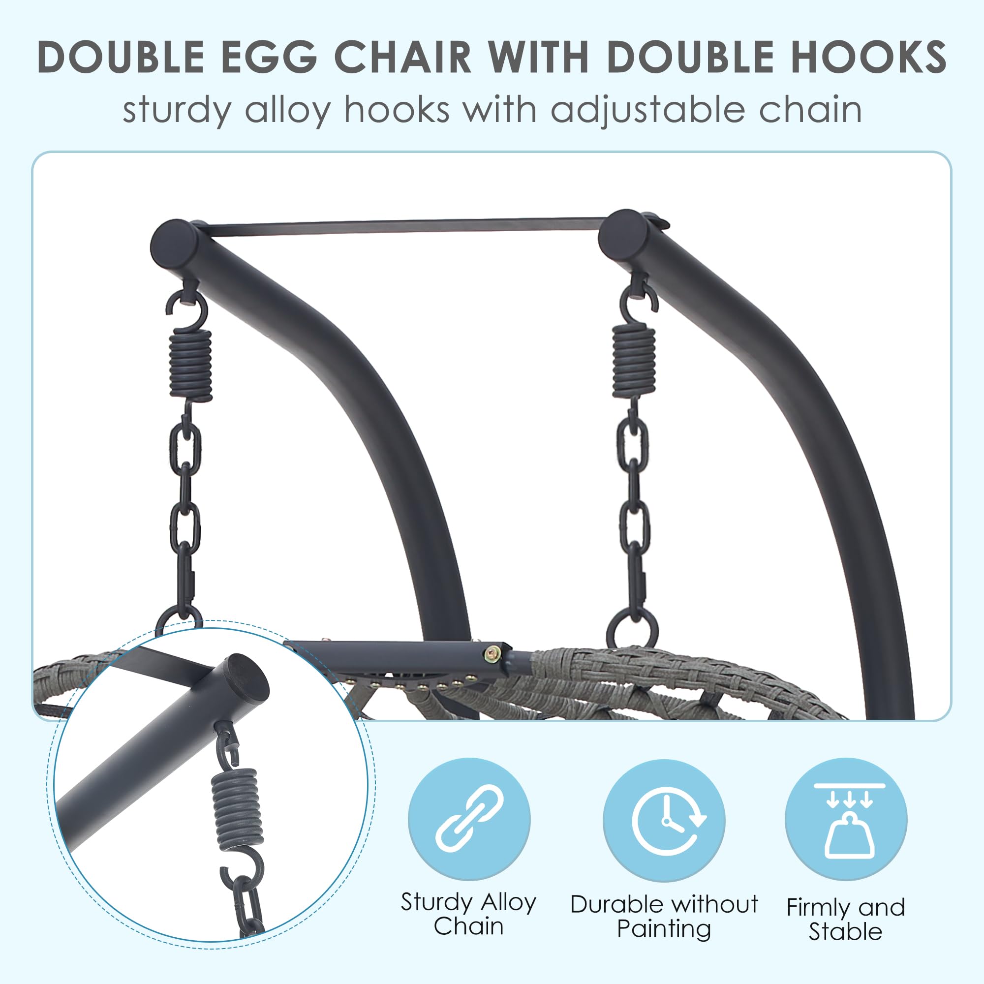 Brafab Double Egg Chair Swing with Stand - Oversized Hand-Woven Wicker Rattan Hanging Chair for 2 Persons, Indoor/Outdoor Use with Thick Cushions & Sturdy Steel Frame in Charcoal - Perfect for Patio, Garden, Porch or Living Room Relaxation