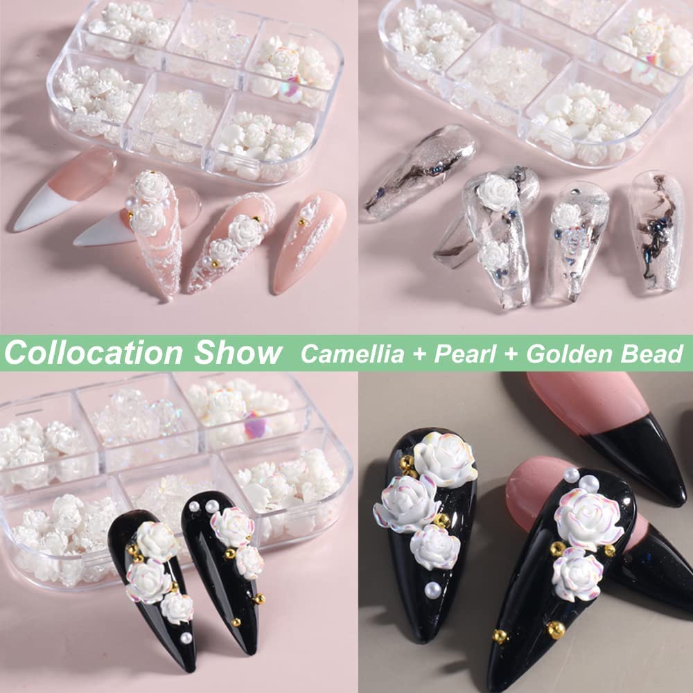 3D White Acrylic Rose & Aurora Camellia Nail Charms - 60Pcs DIY Nail Art Flowers for Nail Decorations | Perfect for Bridal, Party, Salon & Home Manicure Designs