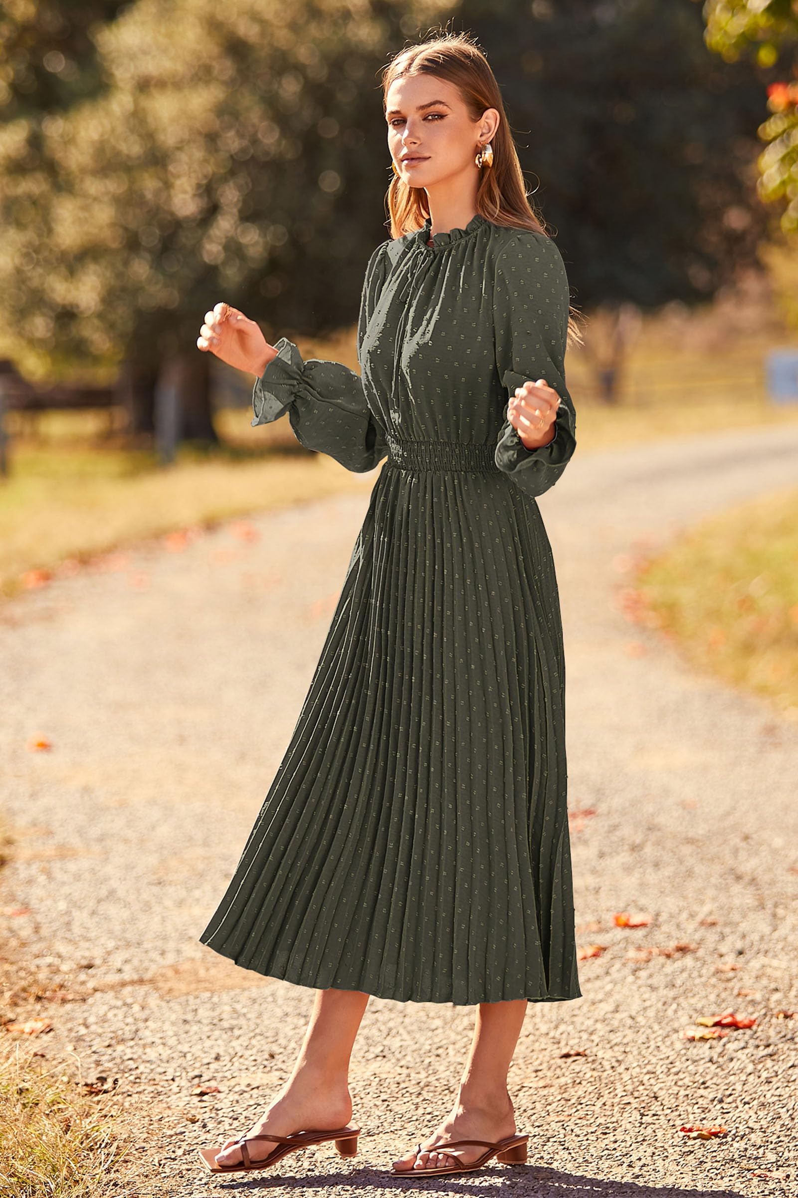 PRETTYGARDEN Women's 2025 Spring Fall Midi Dress - Casual Long Sleeve V-Neck Swiss Dot Pleated A-Line Flowy Dress for Work, Date Night & Special Occasions