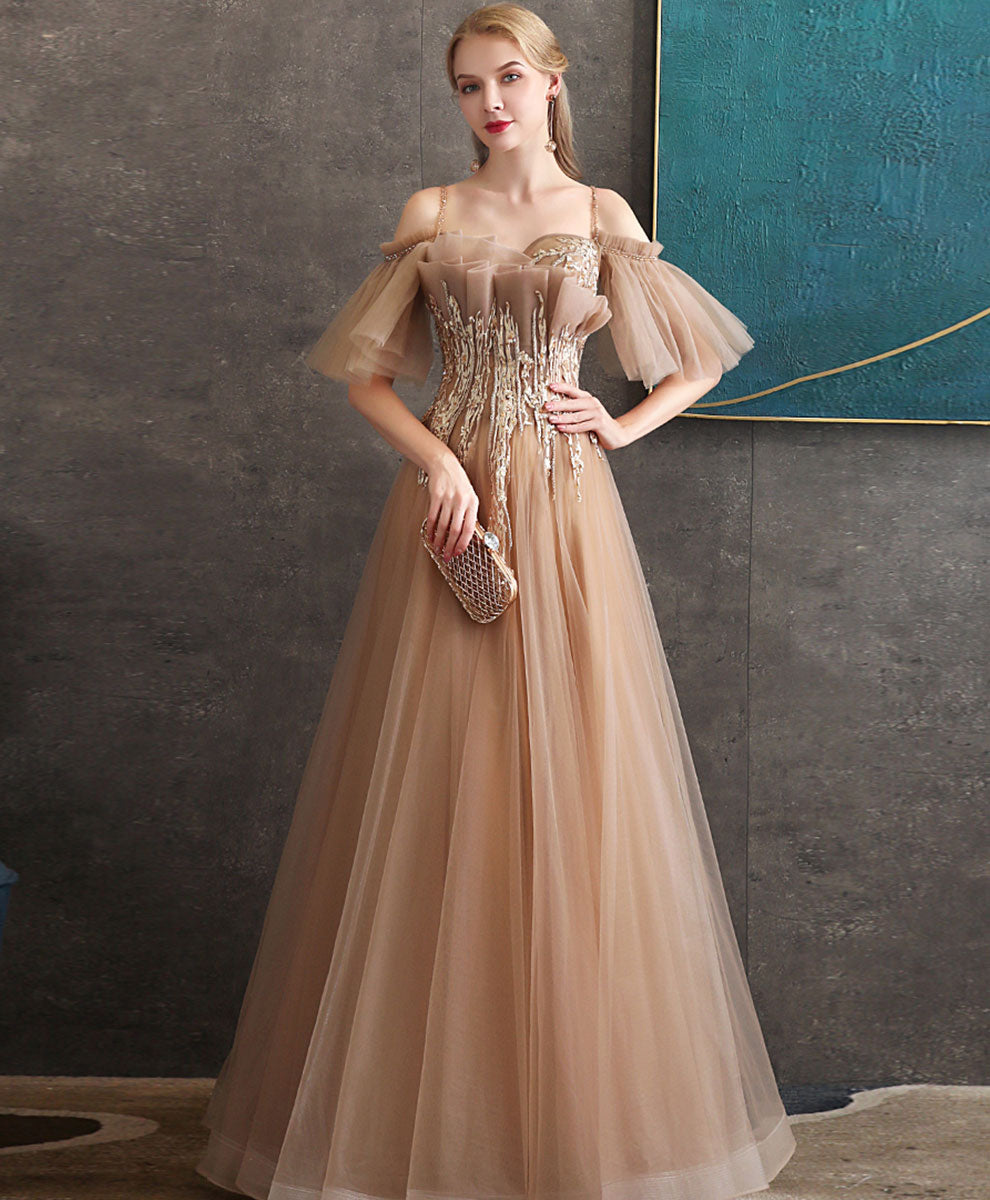 Elegant Champagne Tulle Lace Long Prom Dress - Formal Evening Gown for Homecoming, Ball, Wedding & Special Occasions