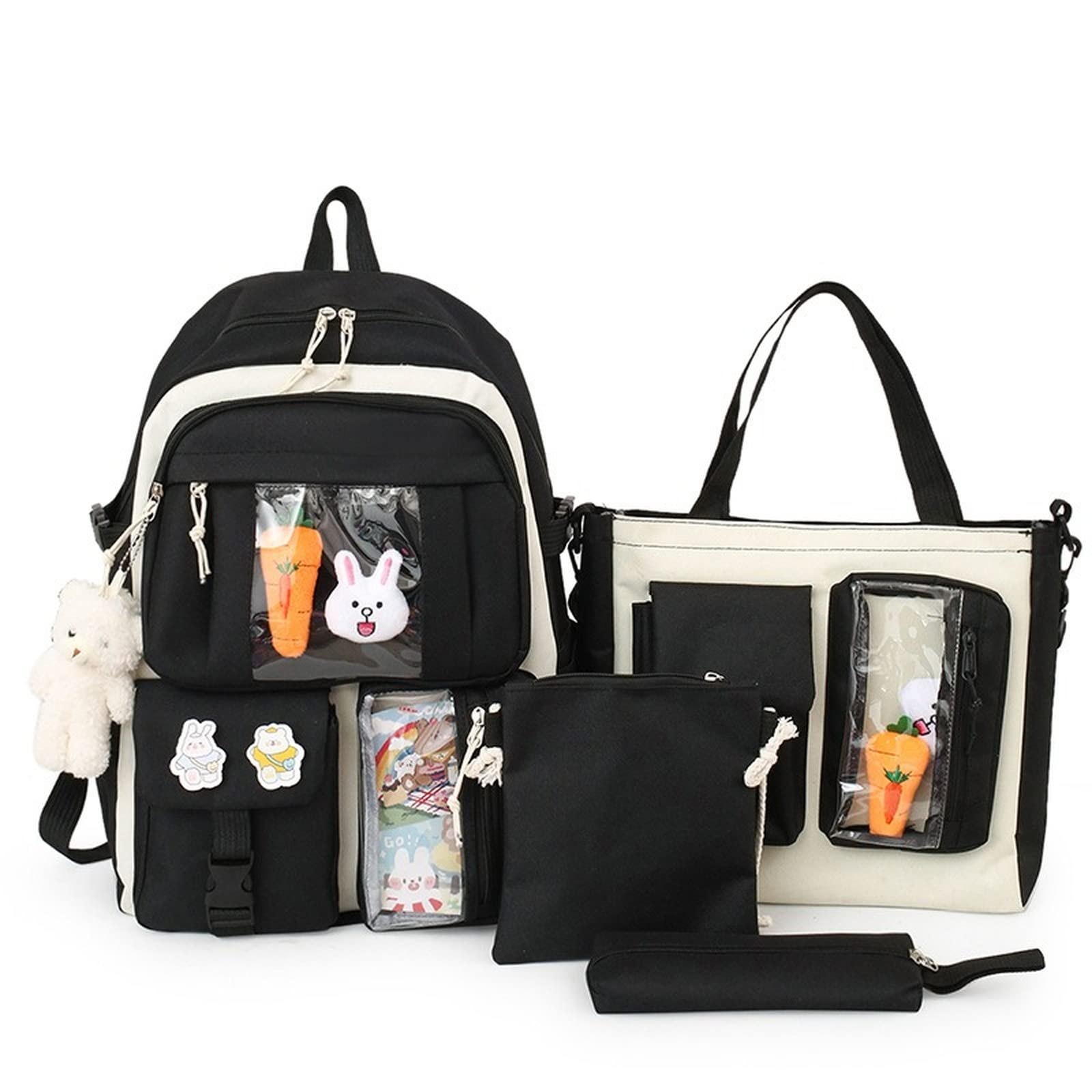 4Pcs Cute Kawaii Bear Backpack Set - Canvas School Backpack with Pendant & Pins, Laptop Tote Bag for Women Teens - Perfect for School, Travel & Work (Black)