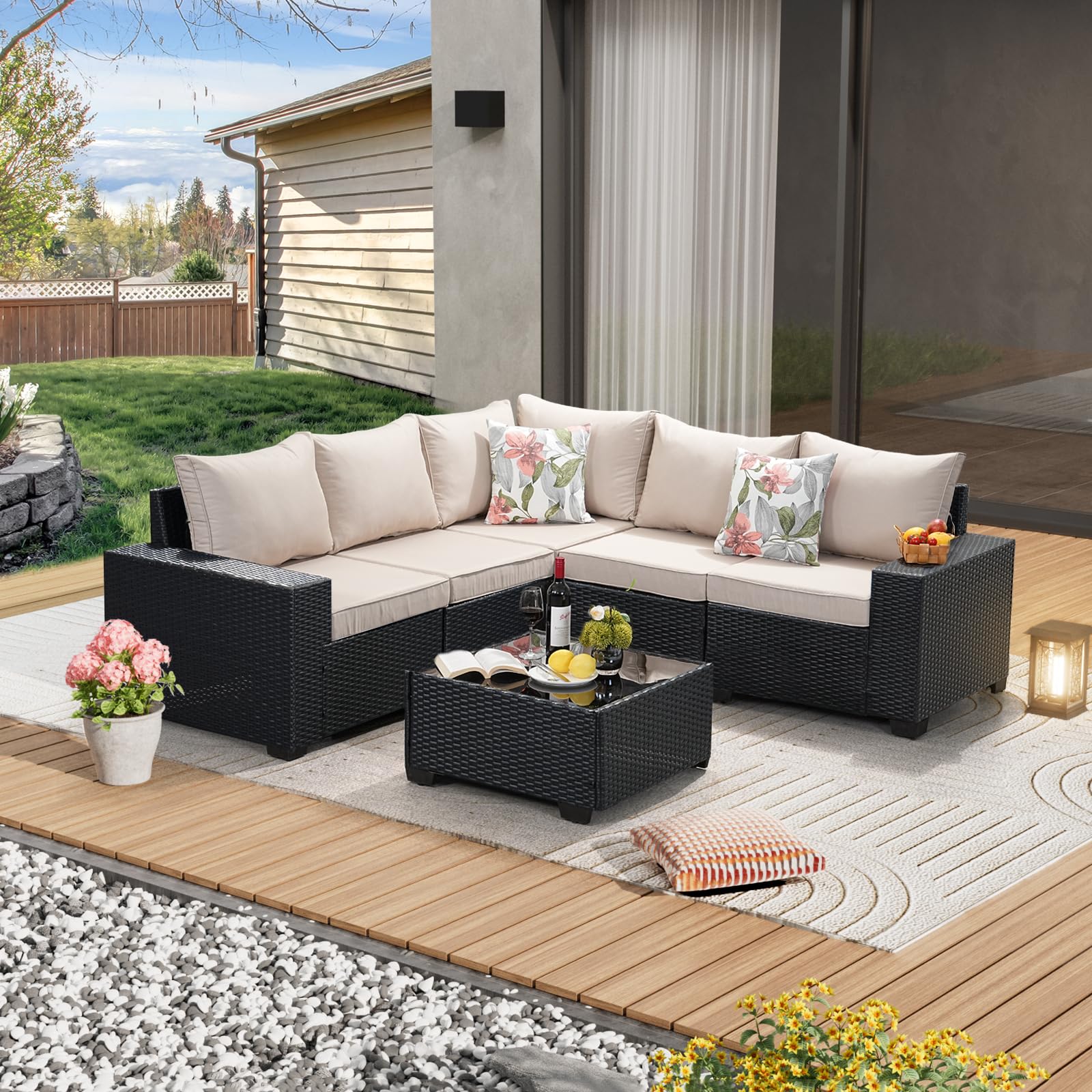6-Piece All-Weather Outdoor Wicker Patio Furniture Set - Rattan Sectional Sofa with Cushions & Glass Coffee Table - Beige Conversation Set for Porch, Poolside, Garden or Backyard Relaxation