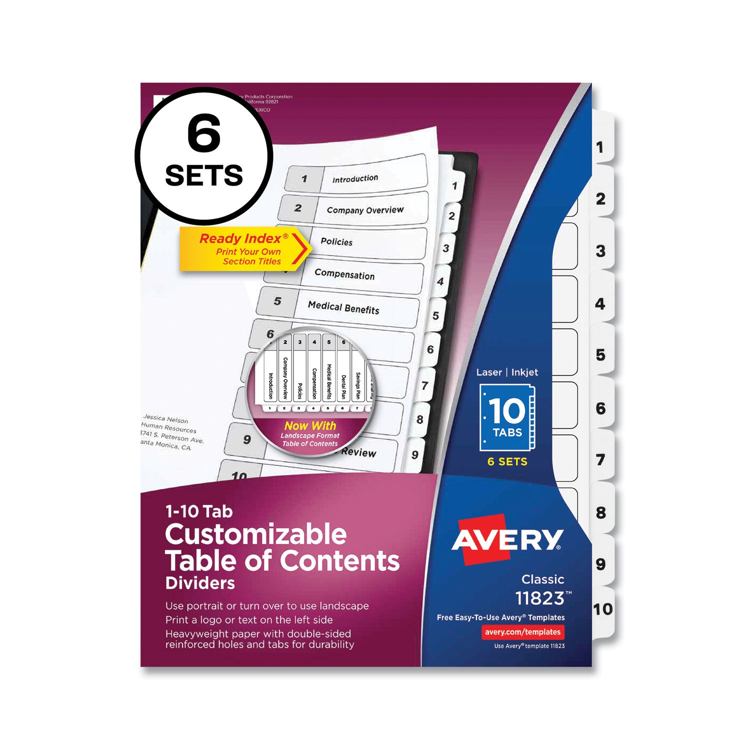 Avery Customizable Table of Contents Dividers - 10 Tab Index Tabs (1-10), 11 x 8.5 Inches, White, 6 Sets - Perfect for Office Organization, School Binders & Document Filing