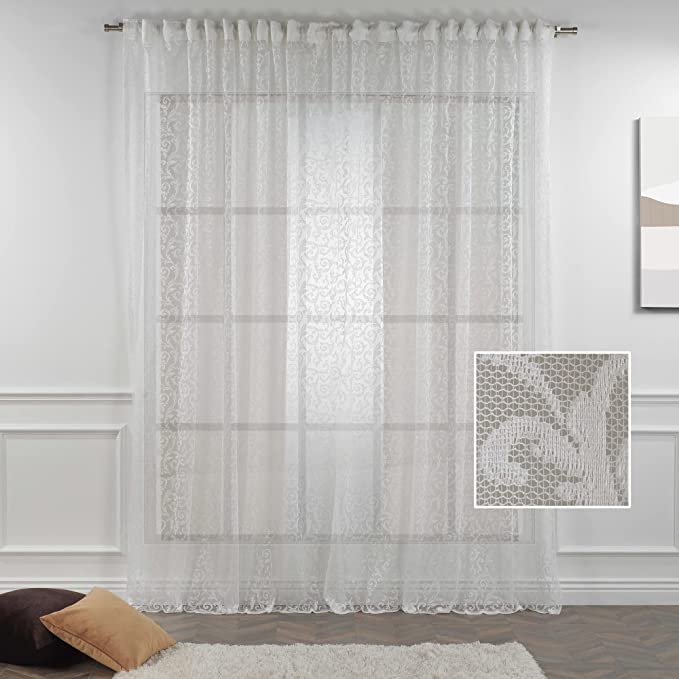 White Lace Sheer Extra Long Floral Curtains Set of 2 Panels - Rod Pocket & Back Tab - 100