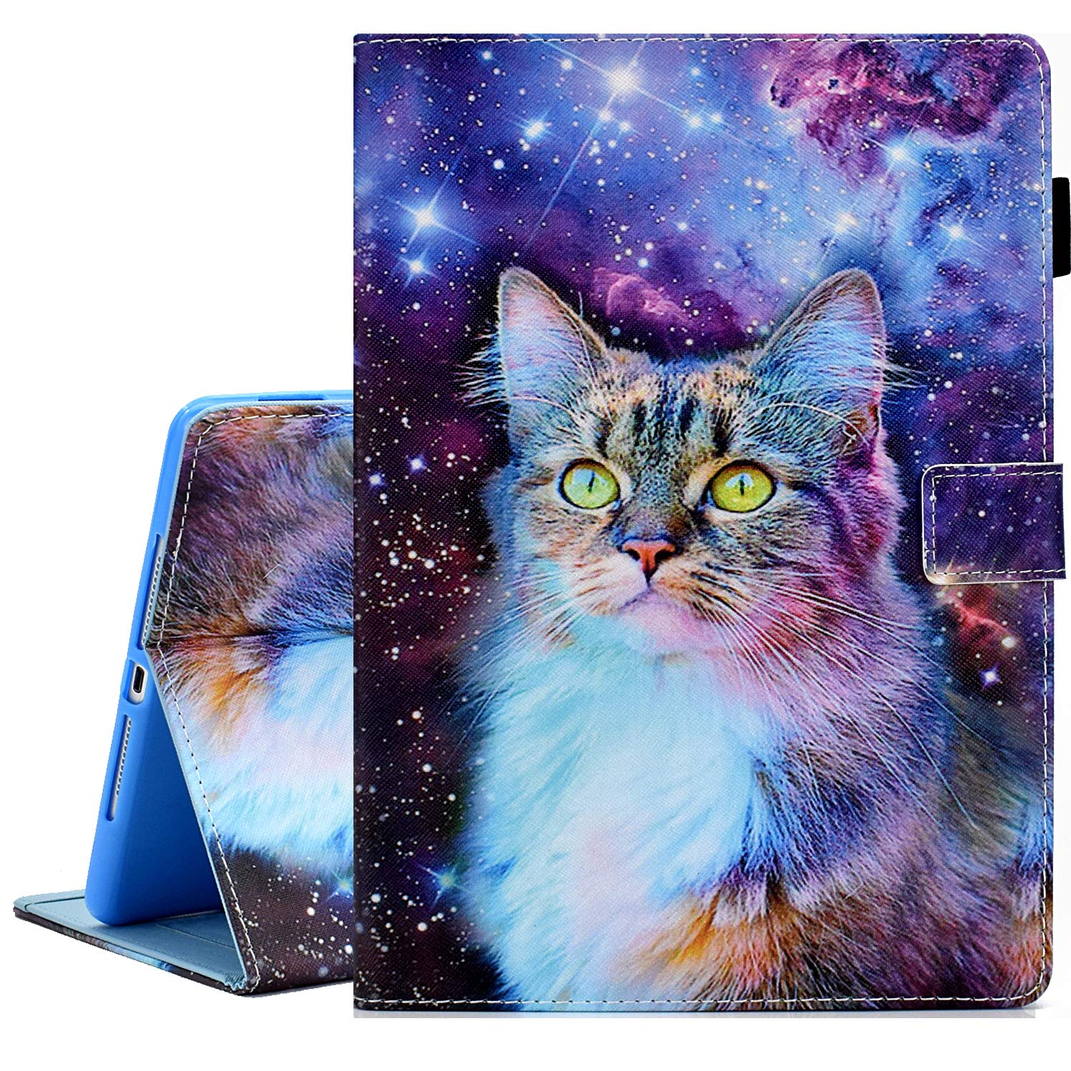 Premium PU Leather Smart Folio Stand Case for iPad 9.7 Inch (iPad 6th/5th Gen 2018/2017, iPad Pro 9.7 & iPad Air 2/1) with Auto Sleep/Wake - Space Cat Design - Perfect for Work, School & Travel