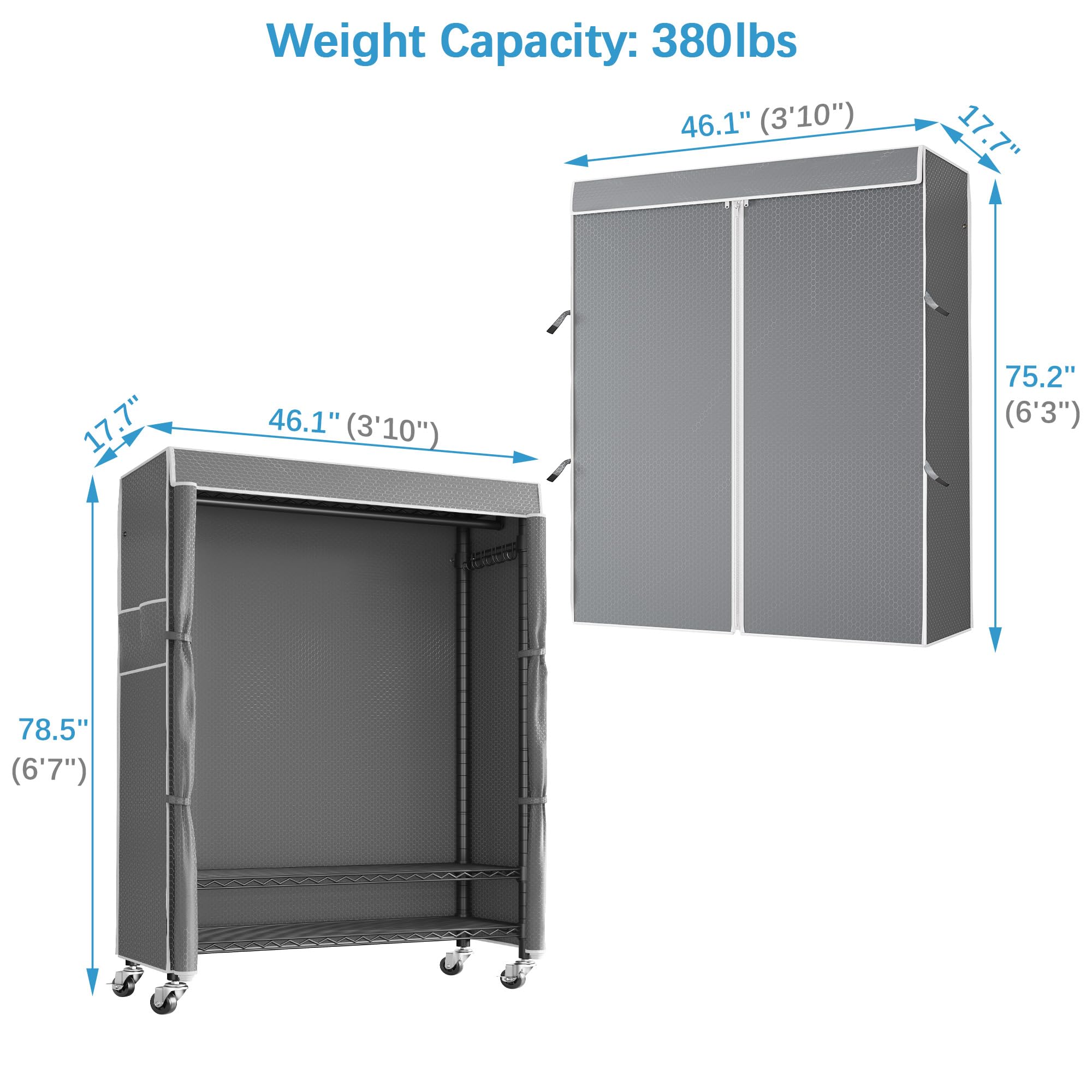 VIPEK R1C Plus Heavy Duty Rolling Garment Rack with Locking Wheels, Adjustable Shelves & Side Hooks - Portable Closet Organizer for Clothes, Shoes & Accessories (Black Frame with Grey Polyester Cover) - Perfect for Home, Retail Stores, Laundry Rooms & Closet Organization