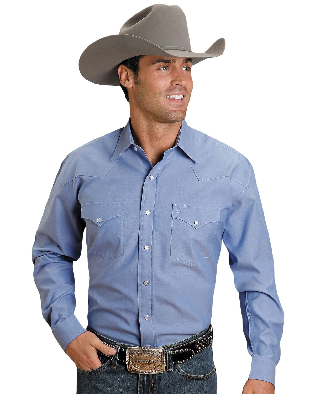 Stetson Men's Western Snap Long Sleeve Shirt - Solid Oxford Blue - X-Large - Cowboy Style Work & Casual Wear for Rodeo, Ranch & Everyday Outfits
