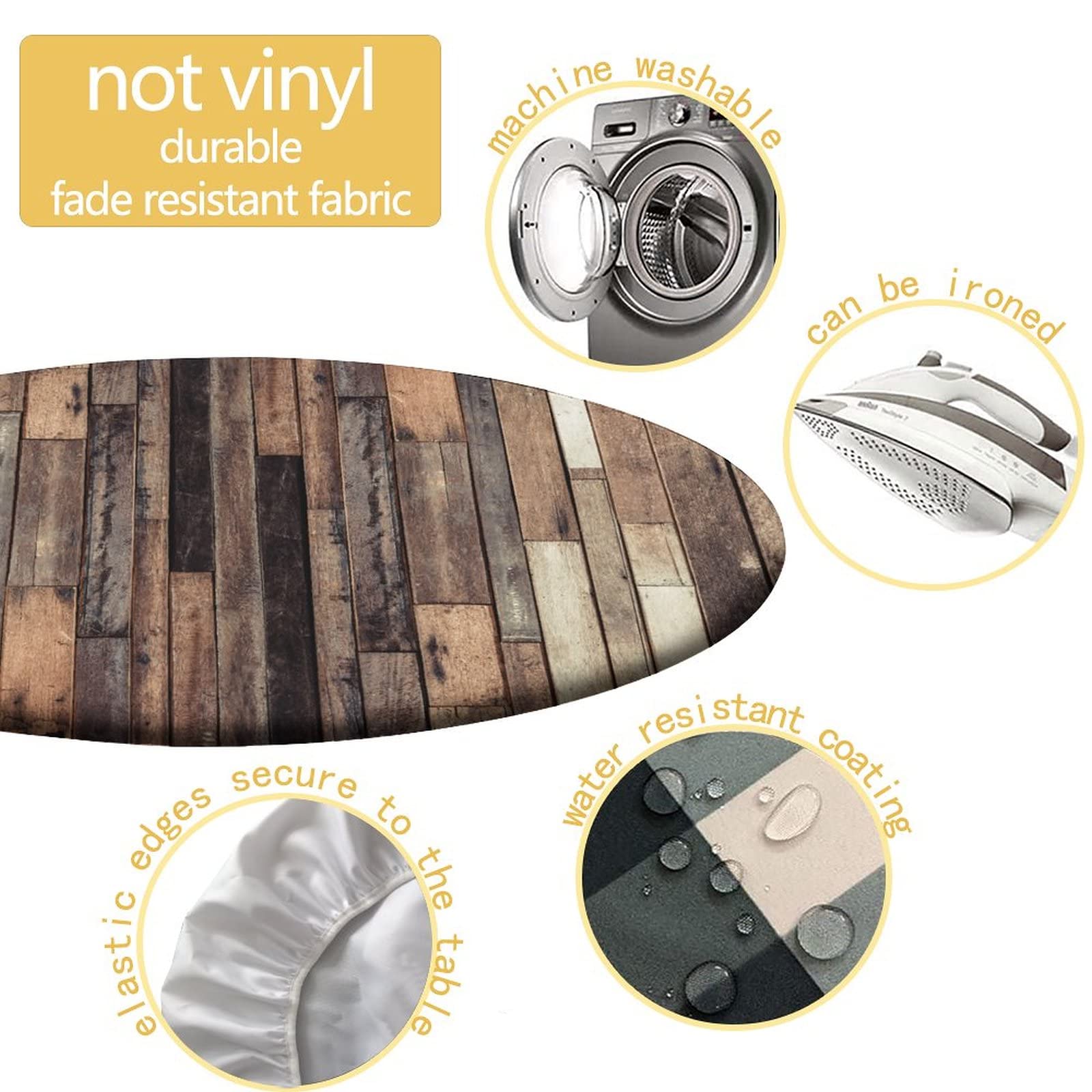 SongYi Elastic Edge Waterproof Round Tablecloth - Washable & Wipeable Wooden Pattern Fabric Table Cover for 48 Inch Dining Table - Perfect for Outdoor Picnics, Dinner Parties, and Home Decor (Brown)