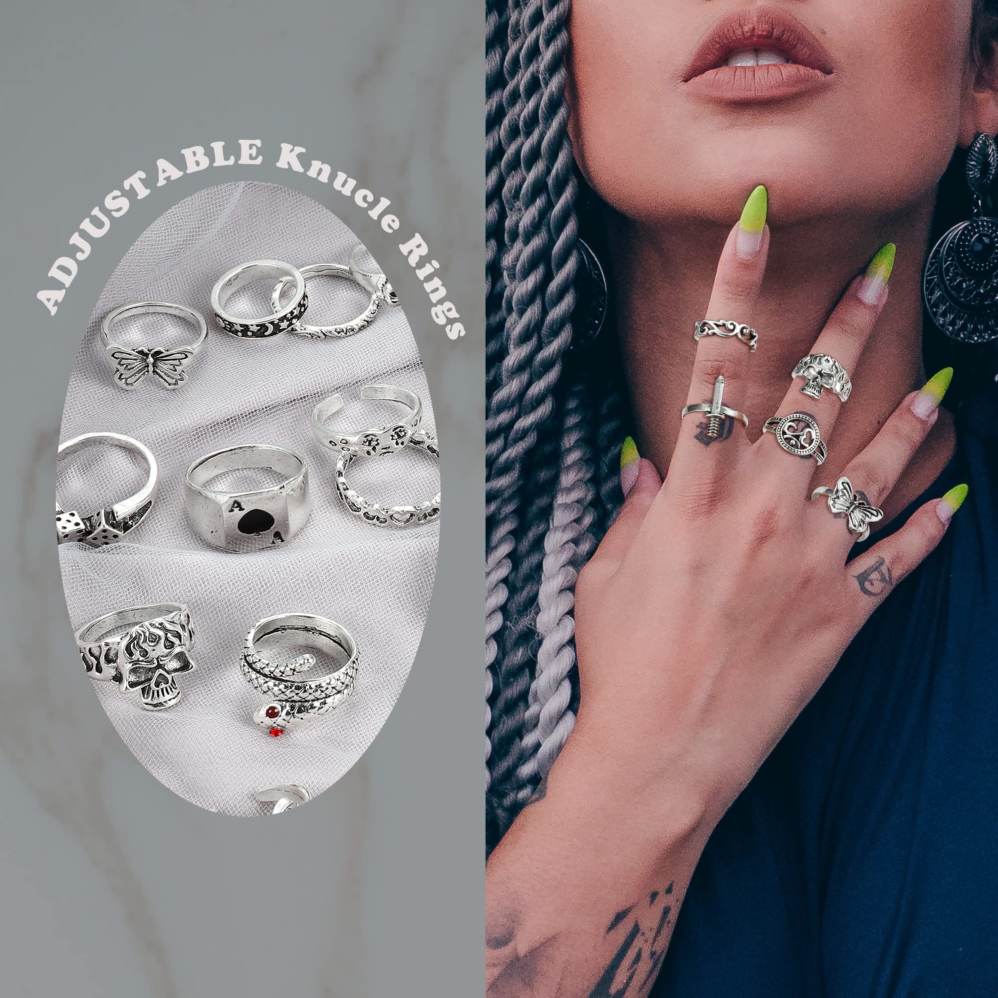 Vintage Silver Punk Rings Set - 49PCS Adjustable Knuckle Rings for Men & Women - Snake, Cross, Flower, Gothic, Hip Hop Style - Stackable Midi Rings for Daily Wear, Parties, Concerts & Photo Shoots