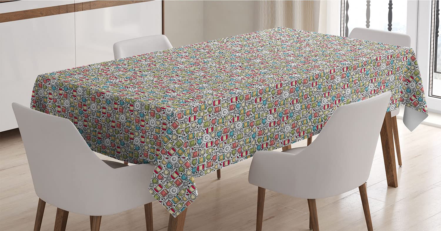 Ambesonne Cartoon Tablecloth - Funny Coffee Mugs & Milk Bottles Pattern with Smiling Faces, 52x70 Inch Rectangle Satin Dining Table Cover for Kitchen & Dining Room | Perfect for Breakfast Nook, Coffee Shops & Family Gatherings | Multicolor
