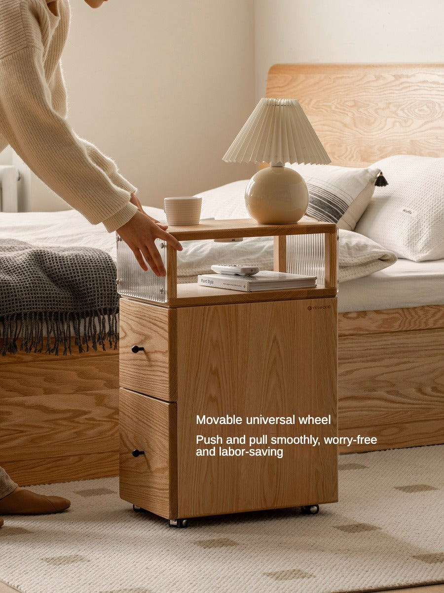 Solid Oak Wood Nightstand with Wheels and Built-in Light - Narrow Bedside Table for Small Spaces - Perfect for Bedrooms, Dorms, and Apartments