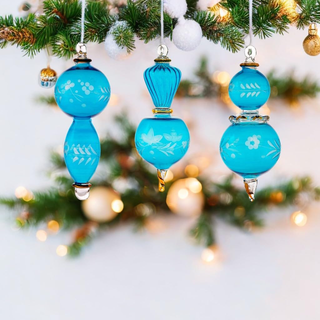 Hand Painted Blown Glass Christmas Ornaments Set with Golden Trim - Elegant Hanging Glass Ball Decorations for Xmas Tree, Holiday Party, New Year & Birthday Gifts - Perfect for Home, Office & Festive Decorations