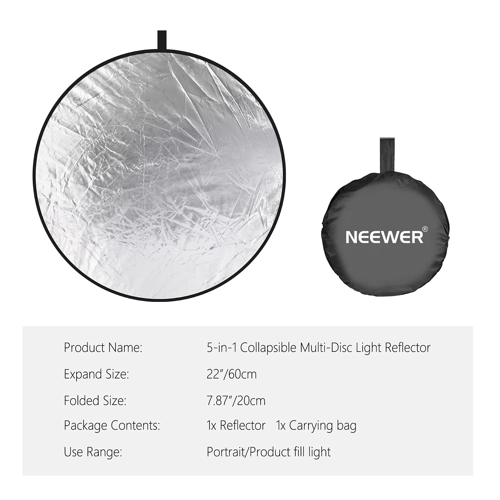 NEEWER 22 Inch 5-in-1 Collapsible Light Reflector Diffuser - Translucent, Silver, Gold, White & Black for Studio & Outdoor Photography - Perfect for Portraits, Product Shoots and Natural Lighting Enhancement