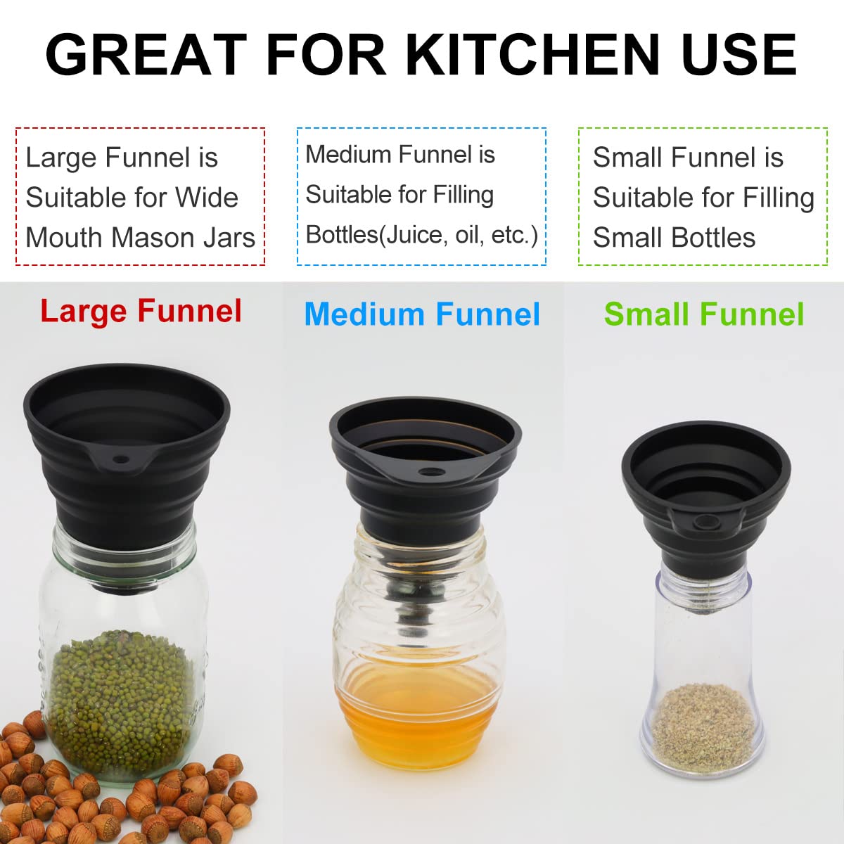 Premium 3-Piece Silicone Collapsible Kitchen Funnel Set - Food Grade Liquid & Powder Transfer Funnel for Bottles, Jars & Canning - Large, Medium & Small Wide Mouth Funnels for Cooking, Baking, Home Brewing & DIY Projects