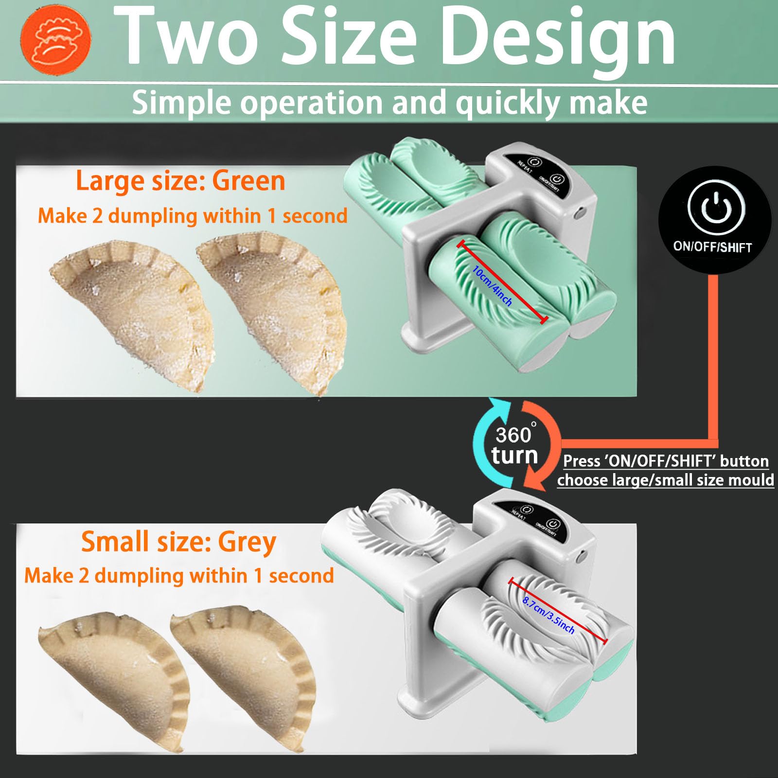 Automatic Electric Dumpling Maker Machine - Dual Head Design with 2 Sizes, Quick Rechargeable, Includes Silicone Baking Mat, Dough Cutters & Spoon Brush - Perfect for Home Kitchen, Asian Cuisine, and Quick Meal Prep